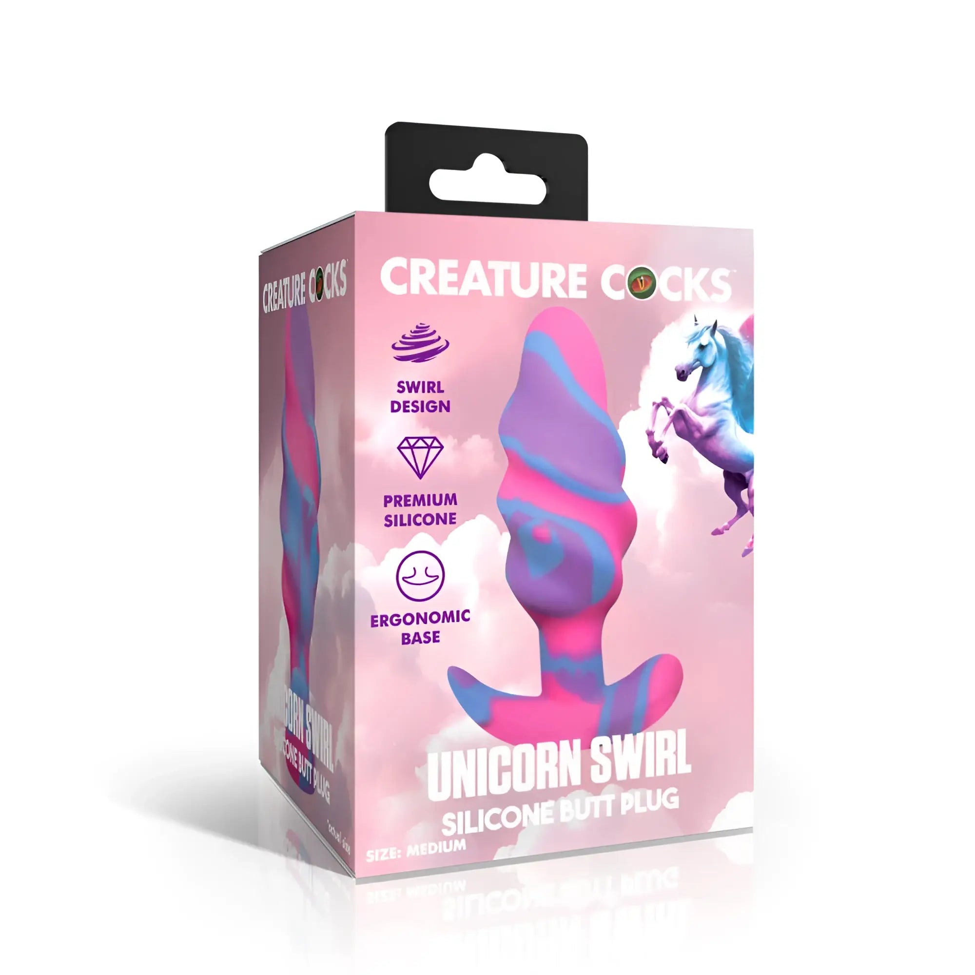 Pink and purple swirl silicone butt plug with unicorn design from creature cocks large size shown from back side