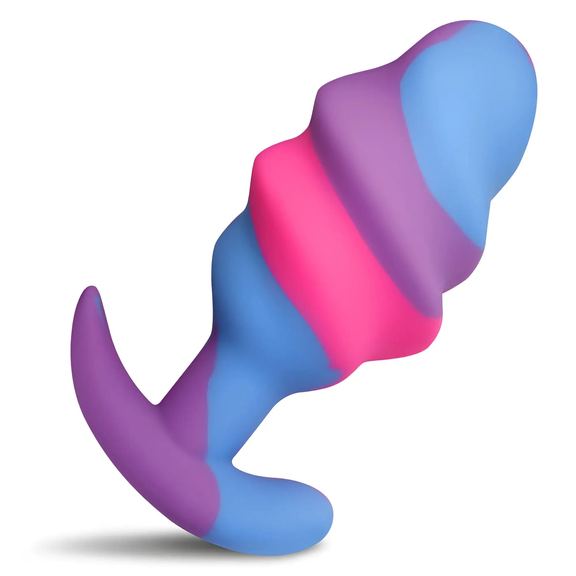 A vibrant multicolored silicone anal plug with smooth segmented design in blue pink and purple creature cocks unicorn swirl large