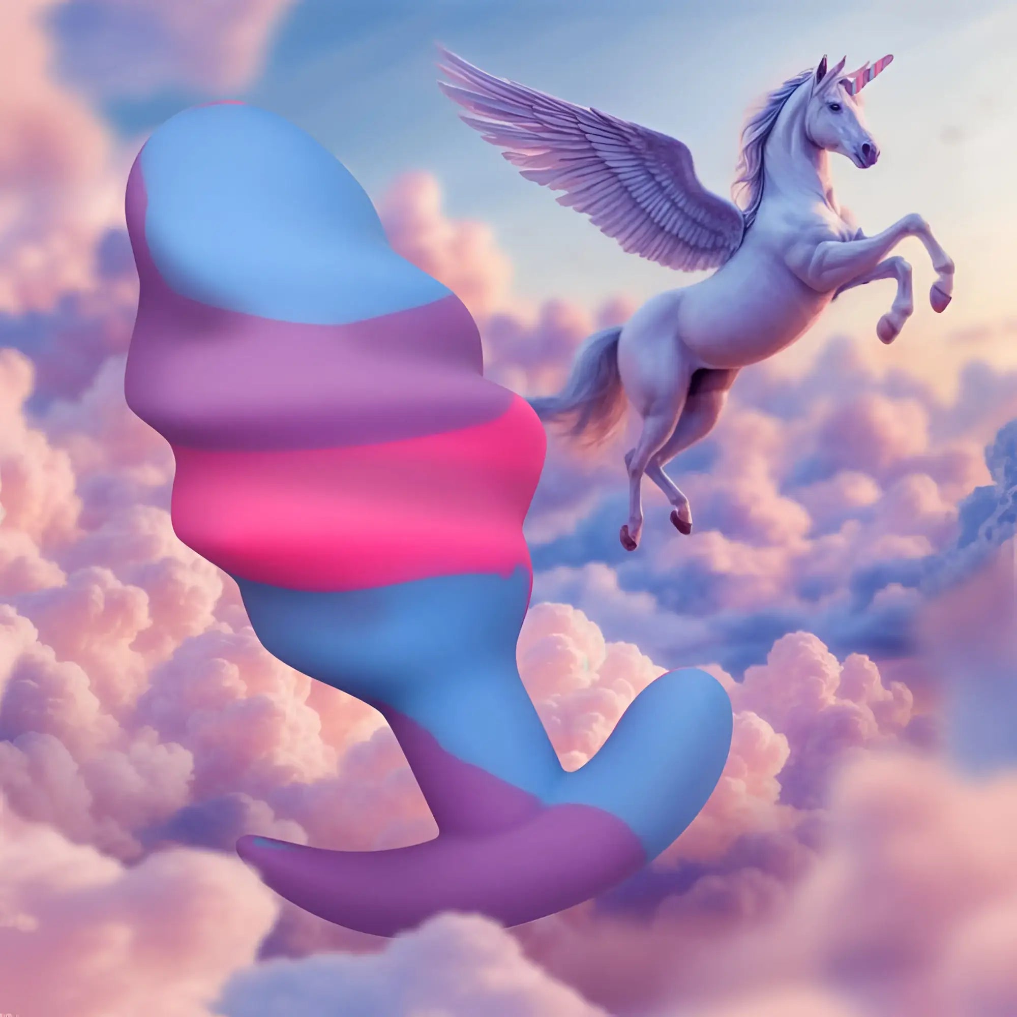 A vibrant multi-colored silicone creature cocks unicorn swirl butt plug large with blue pink and purple flowing curves