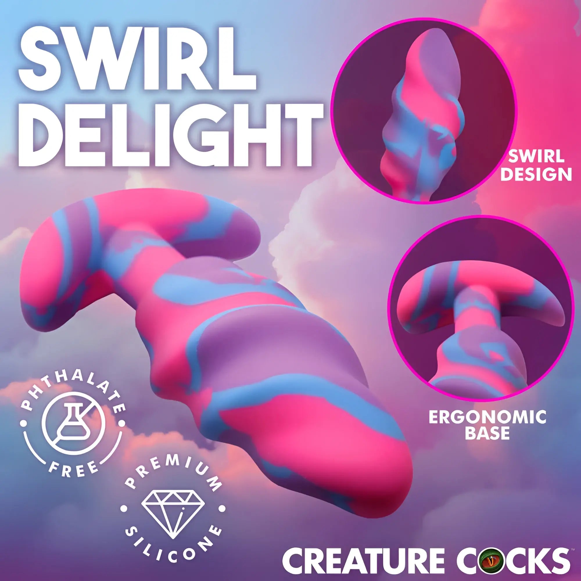 Creature Cocks unicorn swirl silicone butt plug medium with vibrant pink and blue swirl pattern and ergonomic base