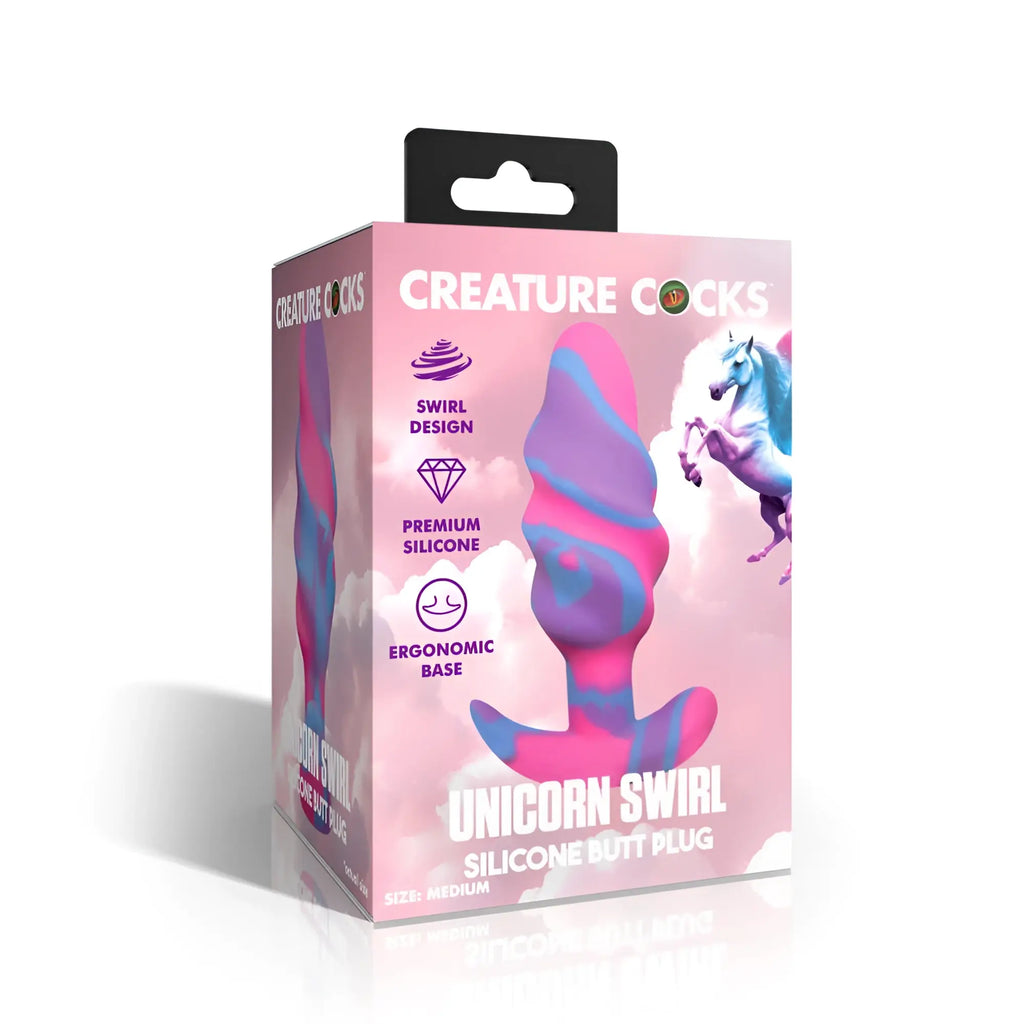 Creature cocks unicorn swirl silicone butt plug medium with pink and blue swirl and unicorn design