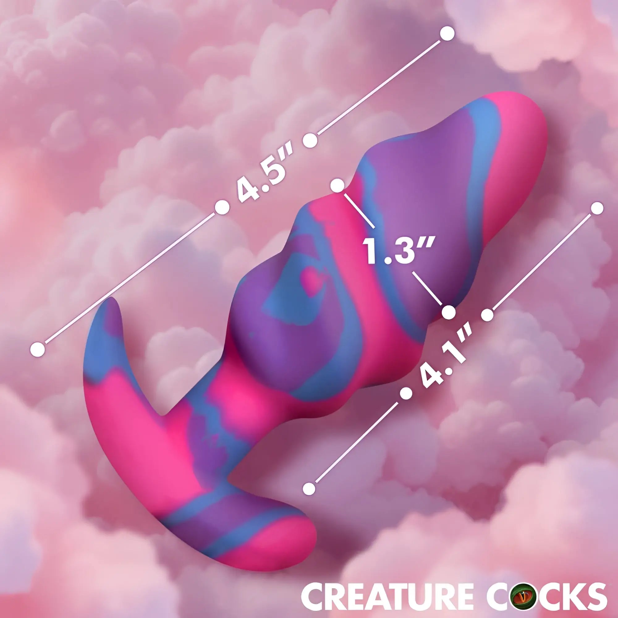 A vibrant pink and blue marbled silicone butt plug with a curved tapered design from creature cocks unicorn swirl medium