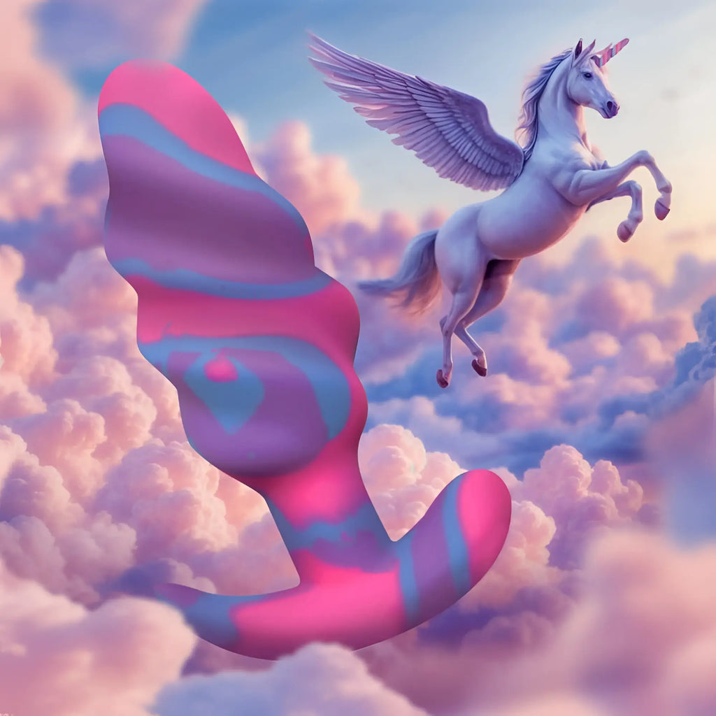 A vibrant pink and blue striped silicone medium anal plug with a winged unicorn soaring above it