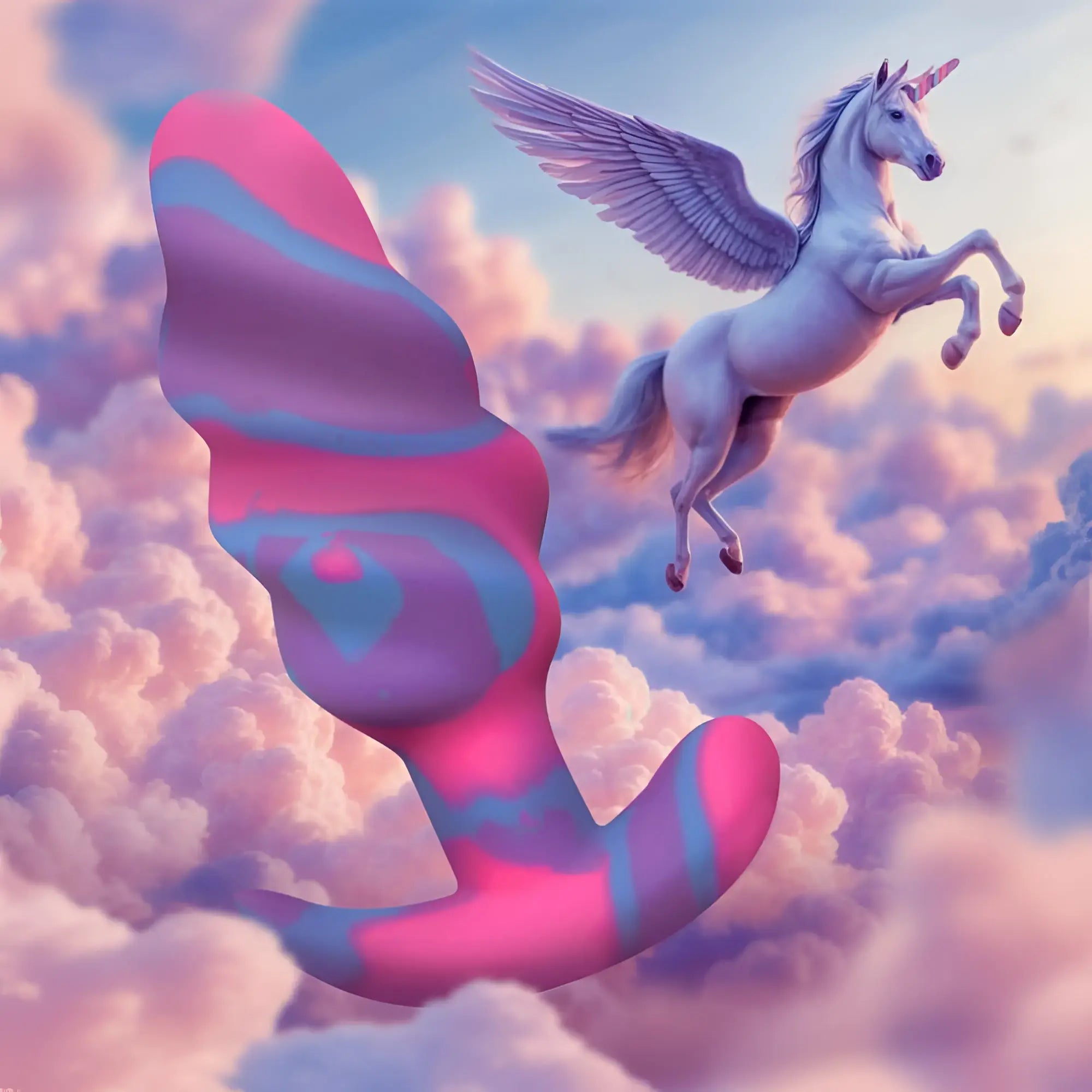 A vibrant pink and blue striped silicone medium anal plug with a winged unicorn soaring above it