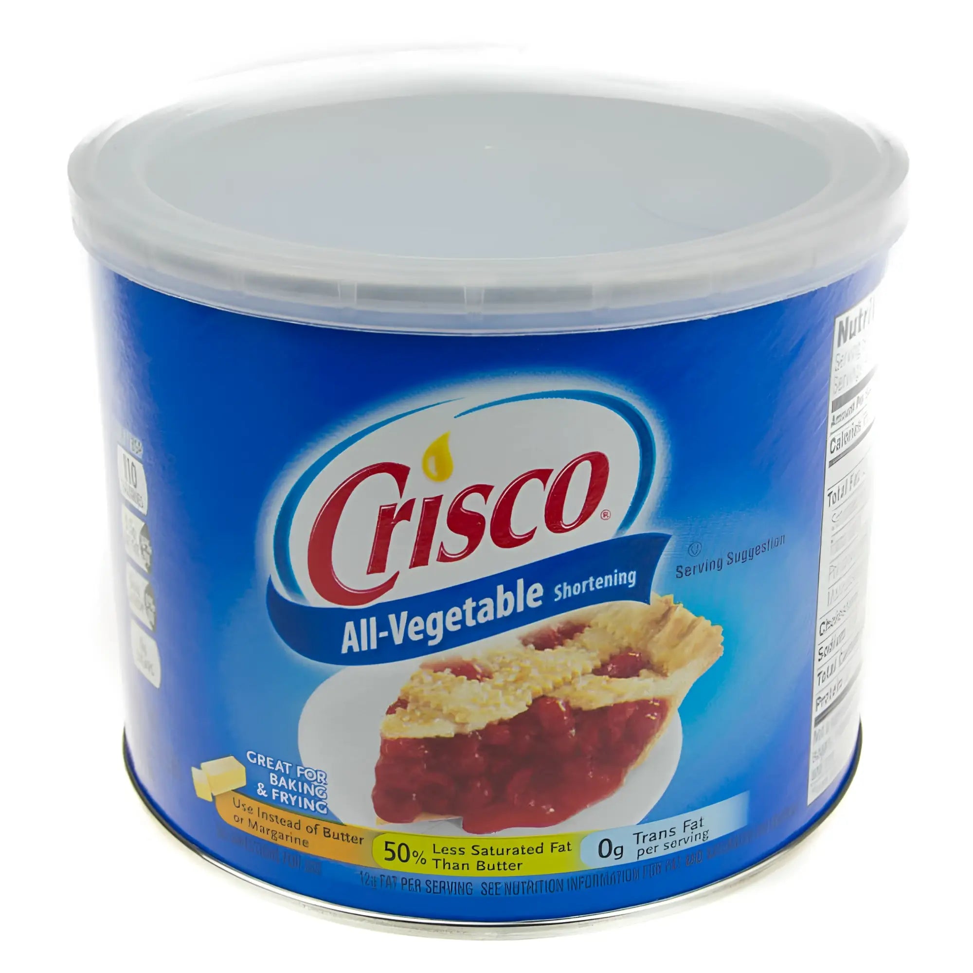 Crisco crisco 450g all-vegetable shortening in a blue cylindrical container with clear plastic lid for baking and cooking