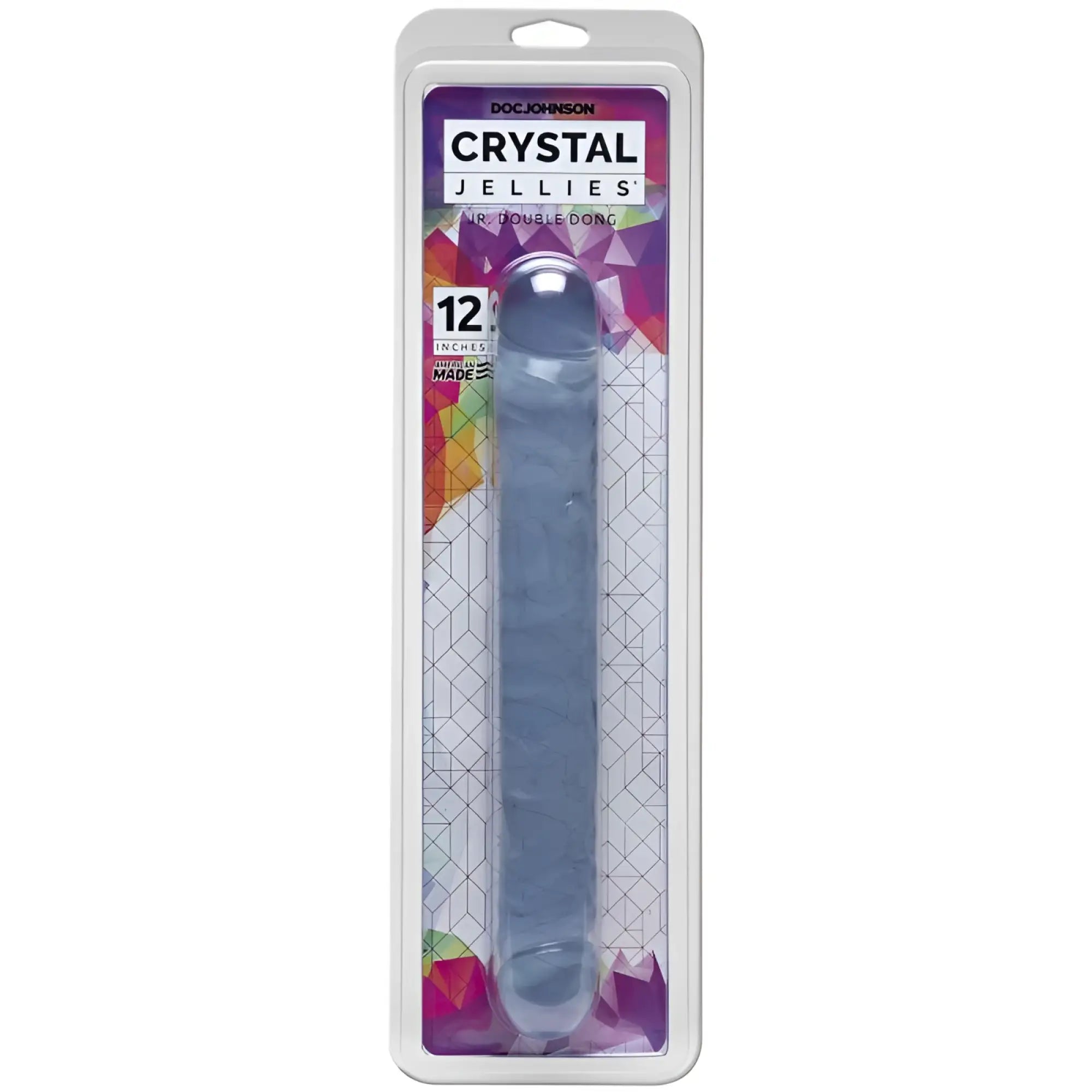A translucent blue silicone dildo packaged in clear plastic with colorful geometric design labeled doc johnson crystal jellies 12 inches