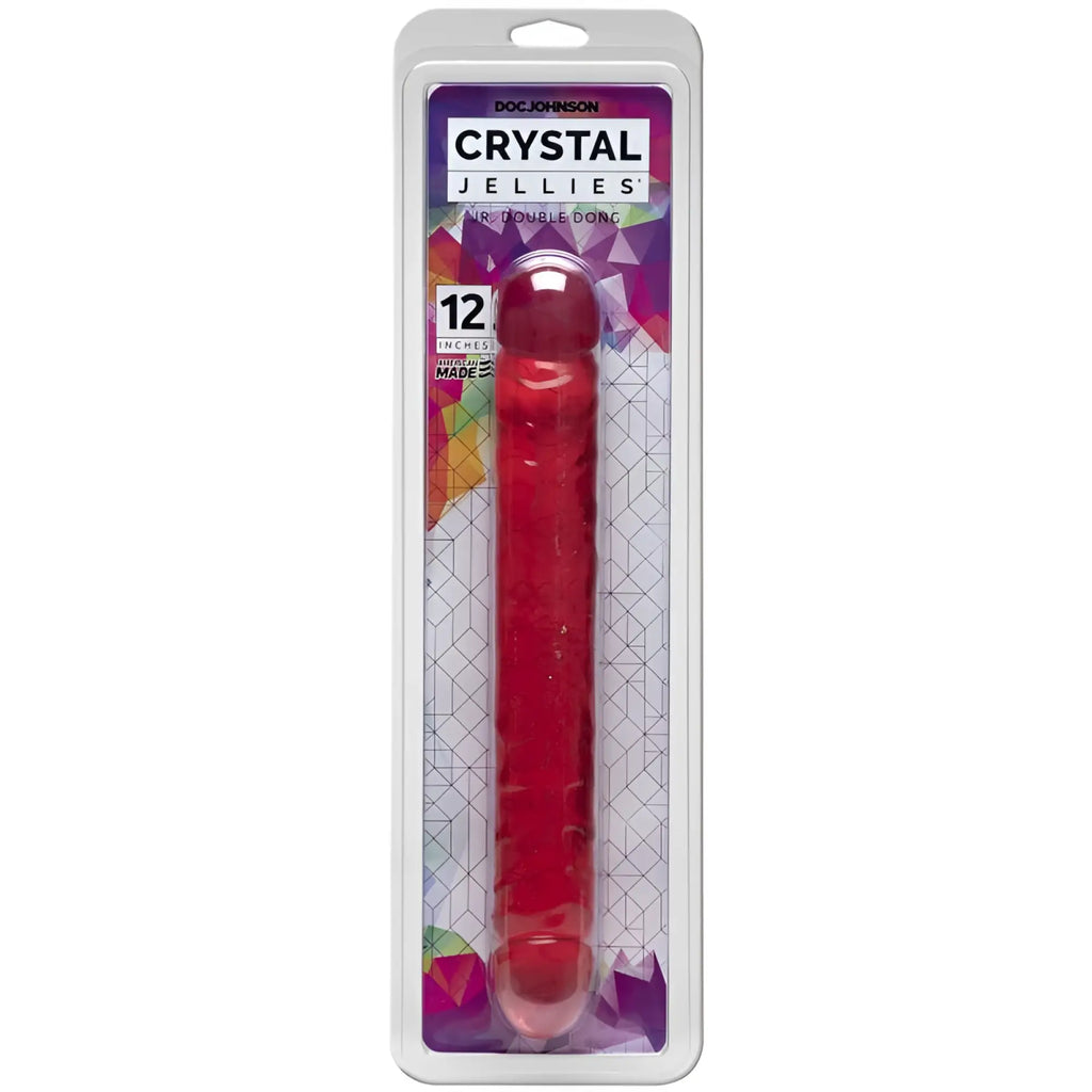 Crystal jellies 12 in jr double dong pink translucent red plastic toy with textured surface and rounded tip