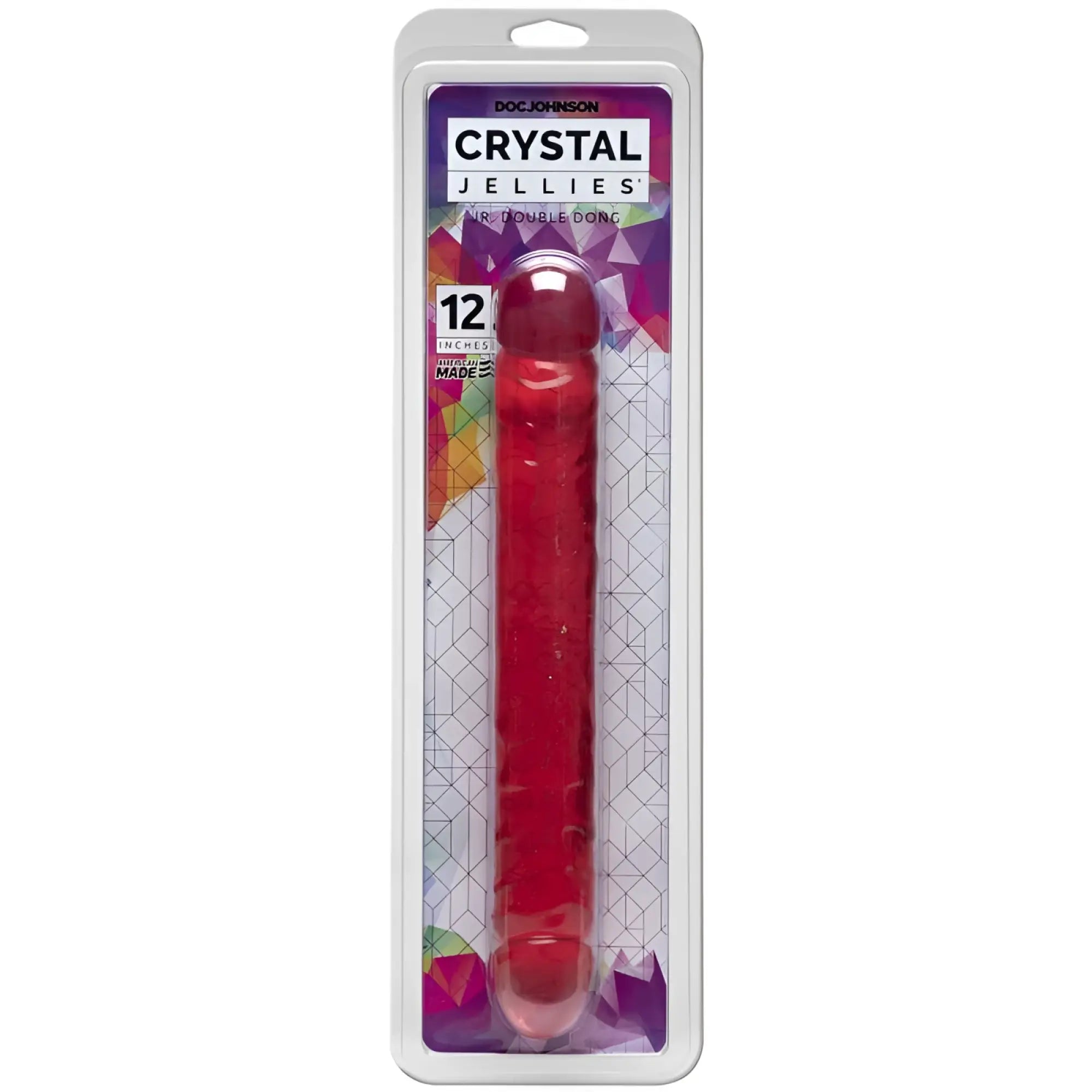 Crystal jellies 12 in jr double dong pink translucent red plastic toy with textured surface and rounded tip