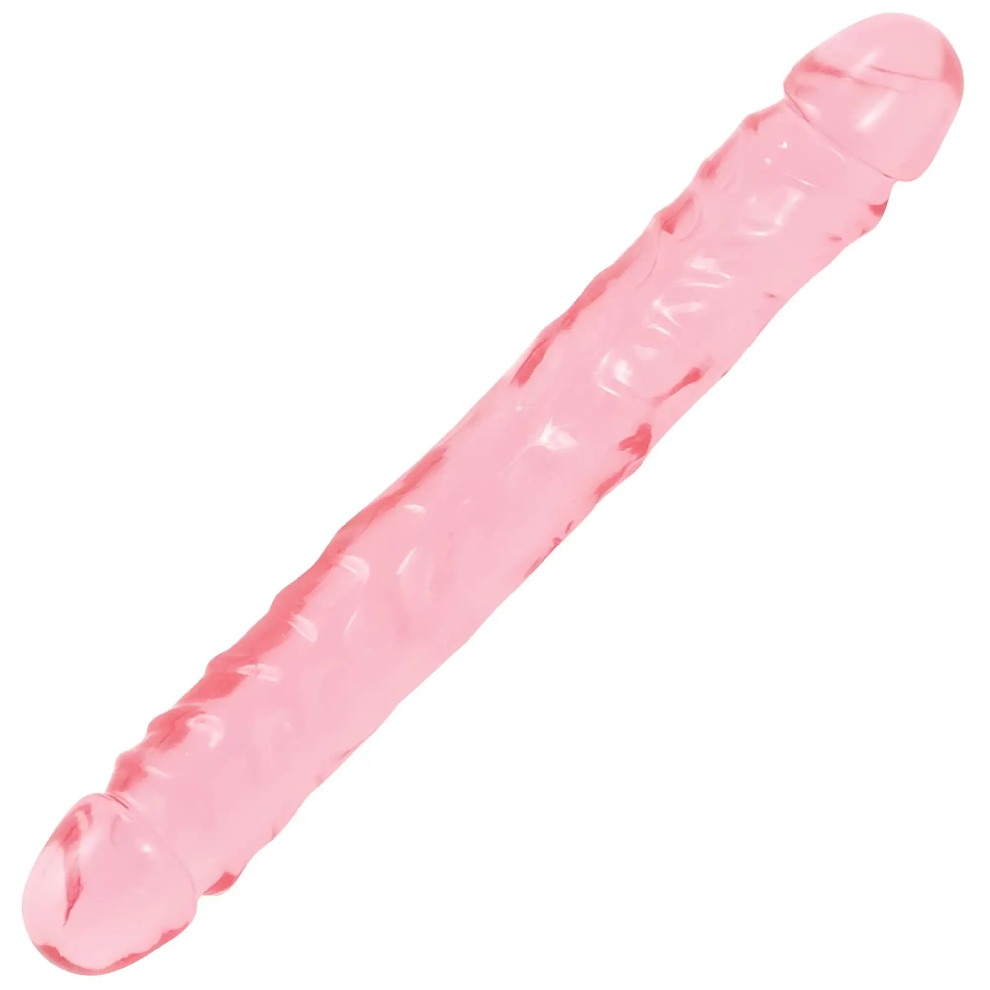 Pink translucent silicone dildo from crystal jellies 12 in jr double dong pink showing front side details