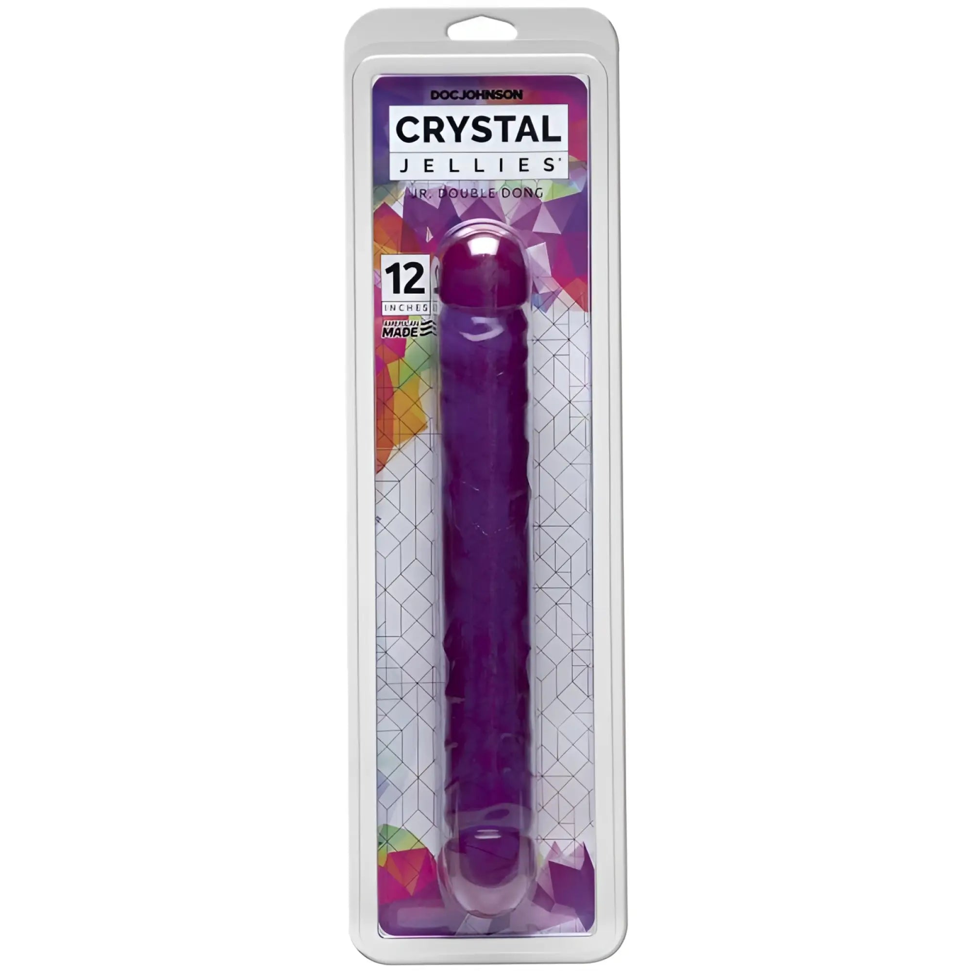 Purple 12 inch crystal jellies jr double dong by doc johnson translucent silicone toy with textured ridges and rounded ends