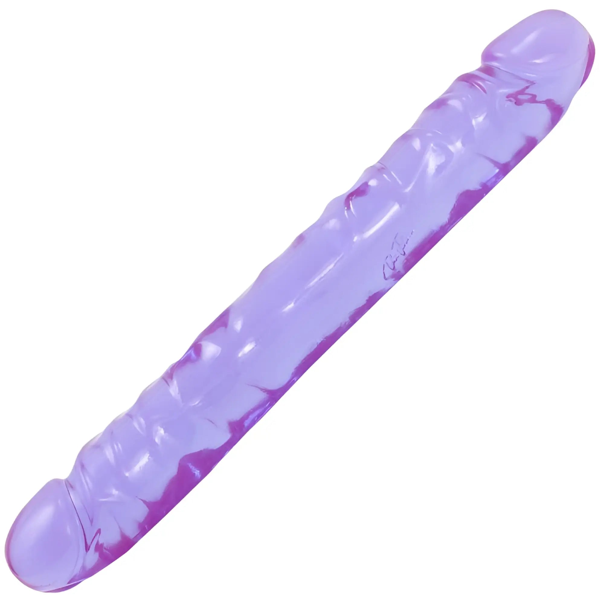 A translucent purple silicone dildo with a ridged textured surface and rounded ends from crystal jellies 12 in jr double dong purple