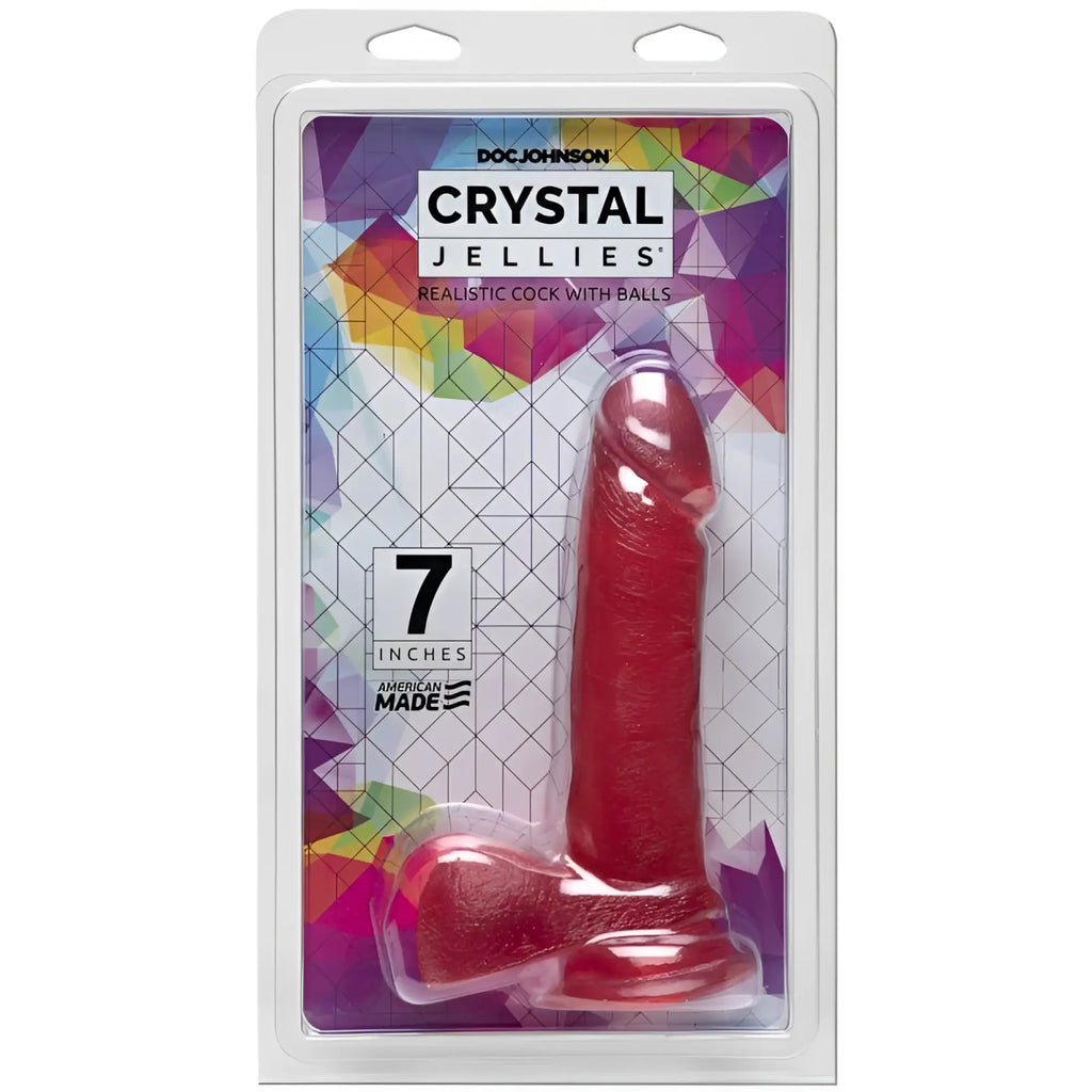 Red glossy plastic crystal jellies 7 inch realistic cock with balls pink by doc johnson shown from the back side