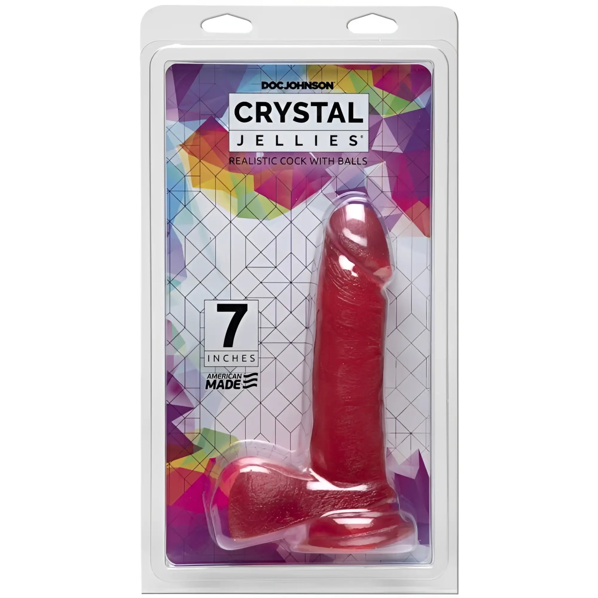 Red glossy plastic crystal jellies 7 inch realistic cock with balls pink by doc johnson shown from the back side