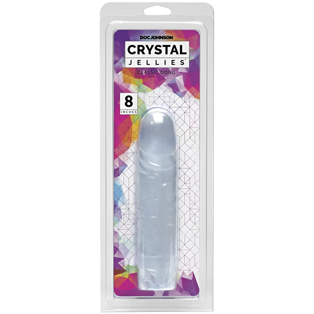 Transparent 8-inch crystal jellies classic dong by Doc Johnson made of clear flexible material for intimate use