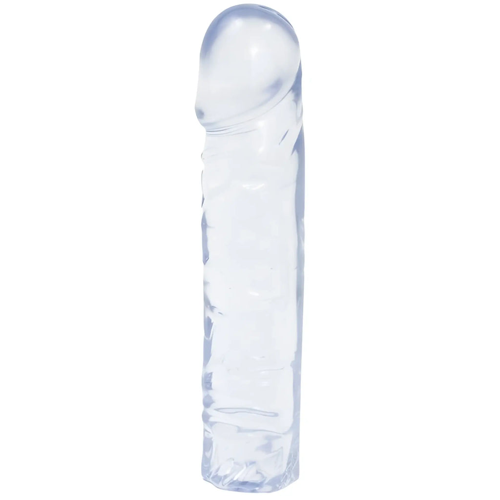 Clear transparent silicone dildo with textured shaft and rounded head from crystal jellies 8 in classic dong clear