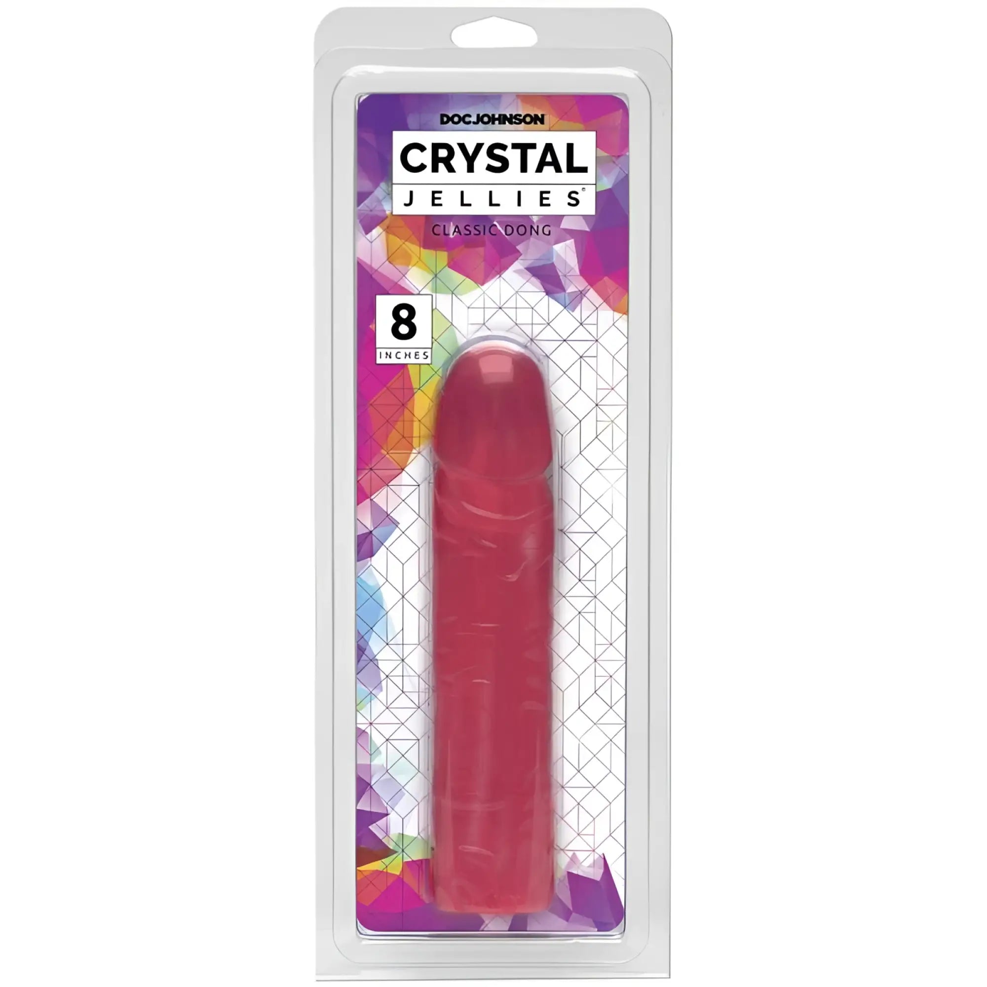Packaged red crystal jellies 8 inch classic dong in clear plastic with colorful geometric design in pink material