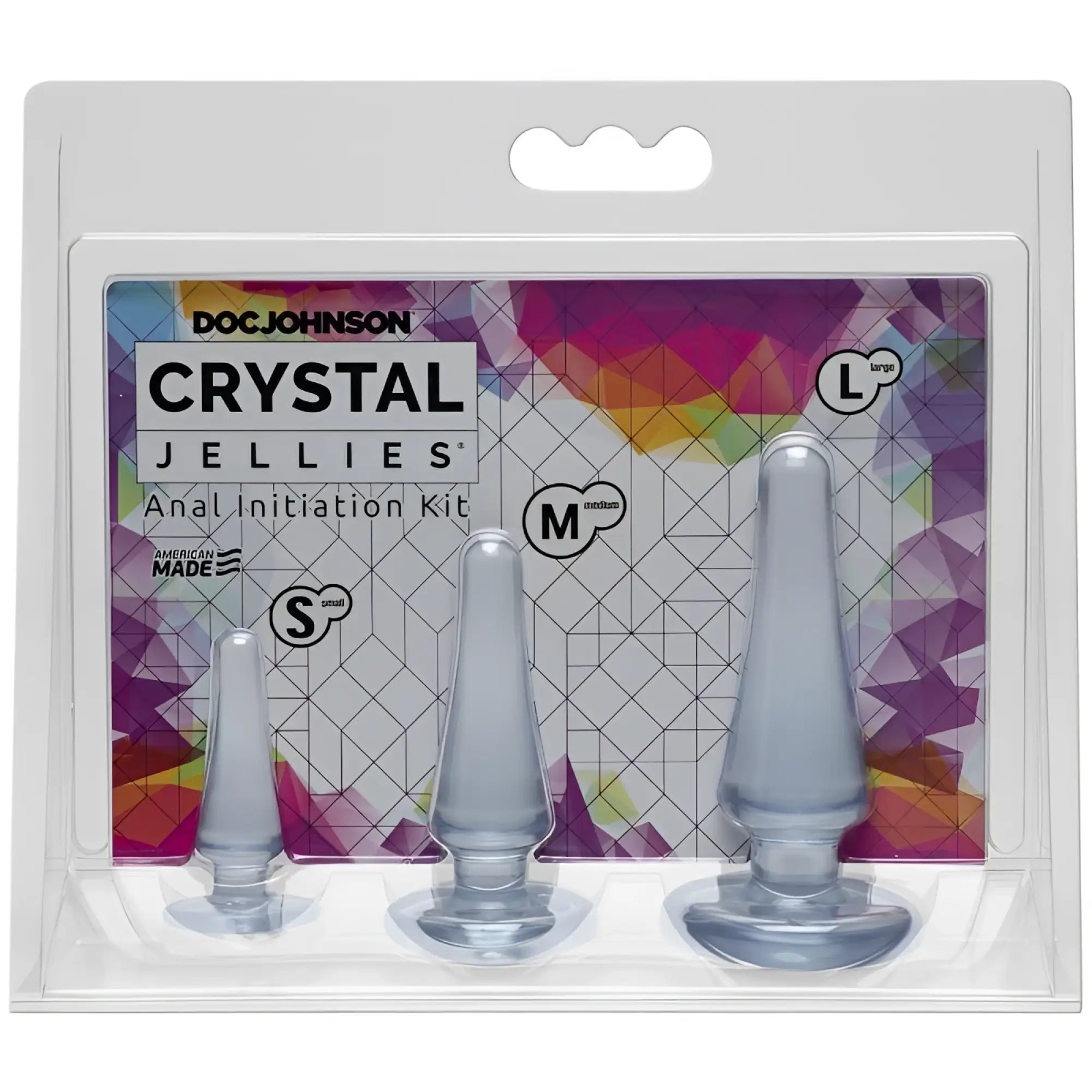 Doc Johnson crystal jellies anal initiation kit clear with three translucent smooth textured plugs in small medium and large sizes