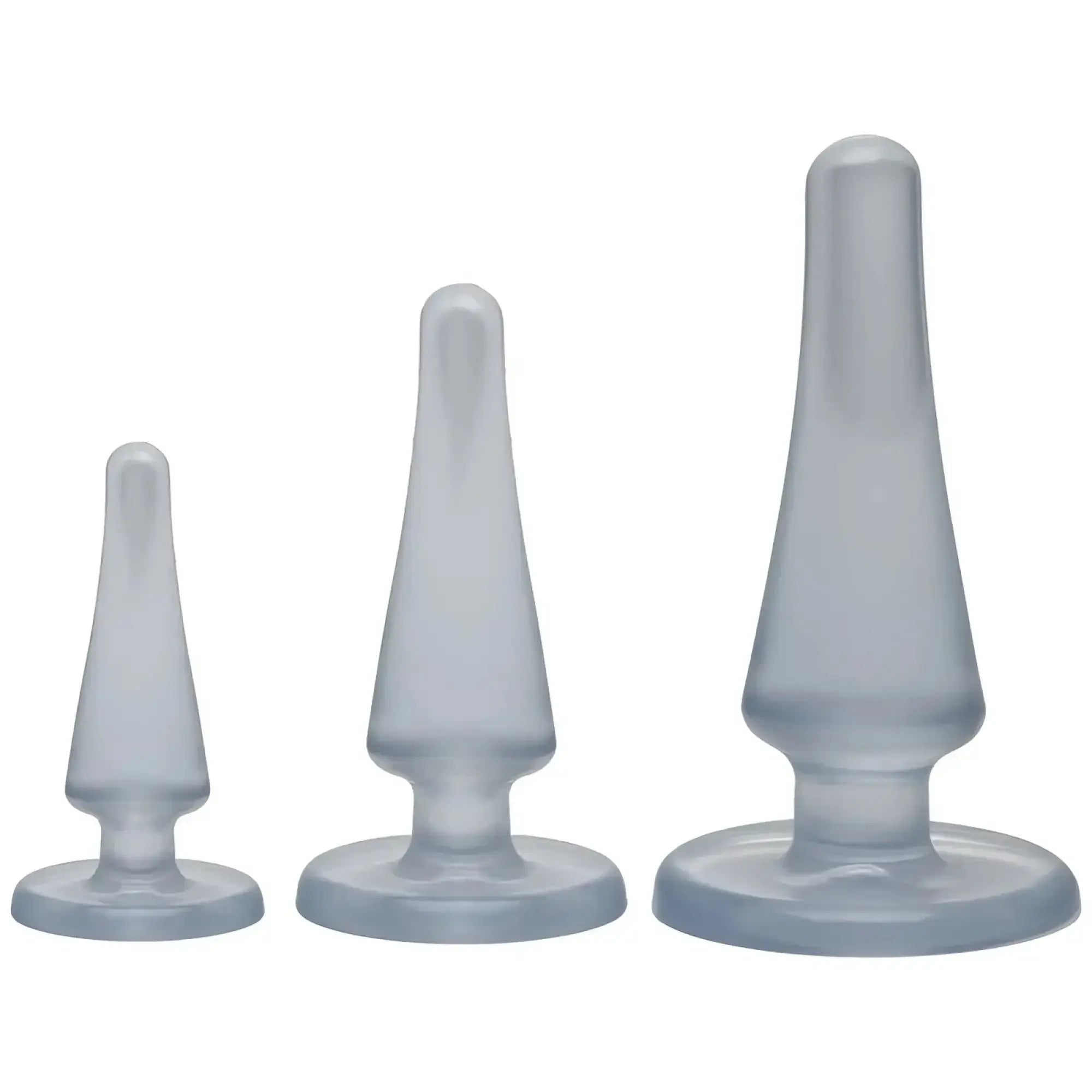 Set of three translucent gray silicone anal plugs with smooth tapered design from Crystal Jellies Anal Initiation Kit clear