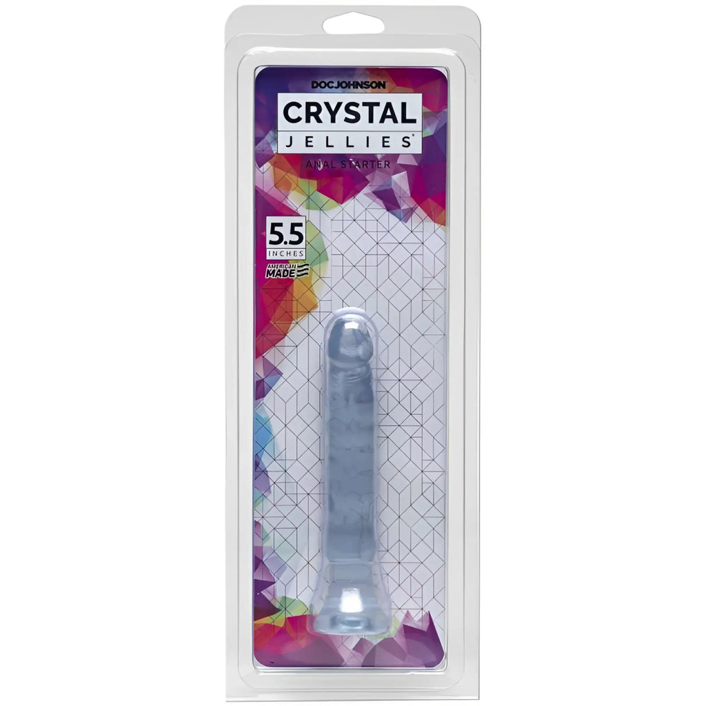 Transparent 5.5-inch crystal-clear silicone anal starter toy by dog johnson in clear blister pack with geometric background