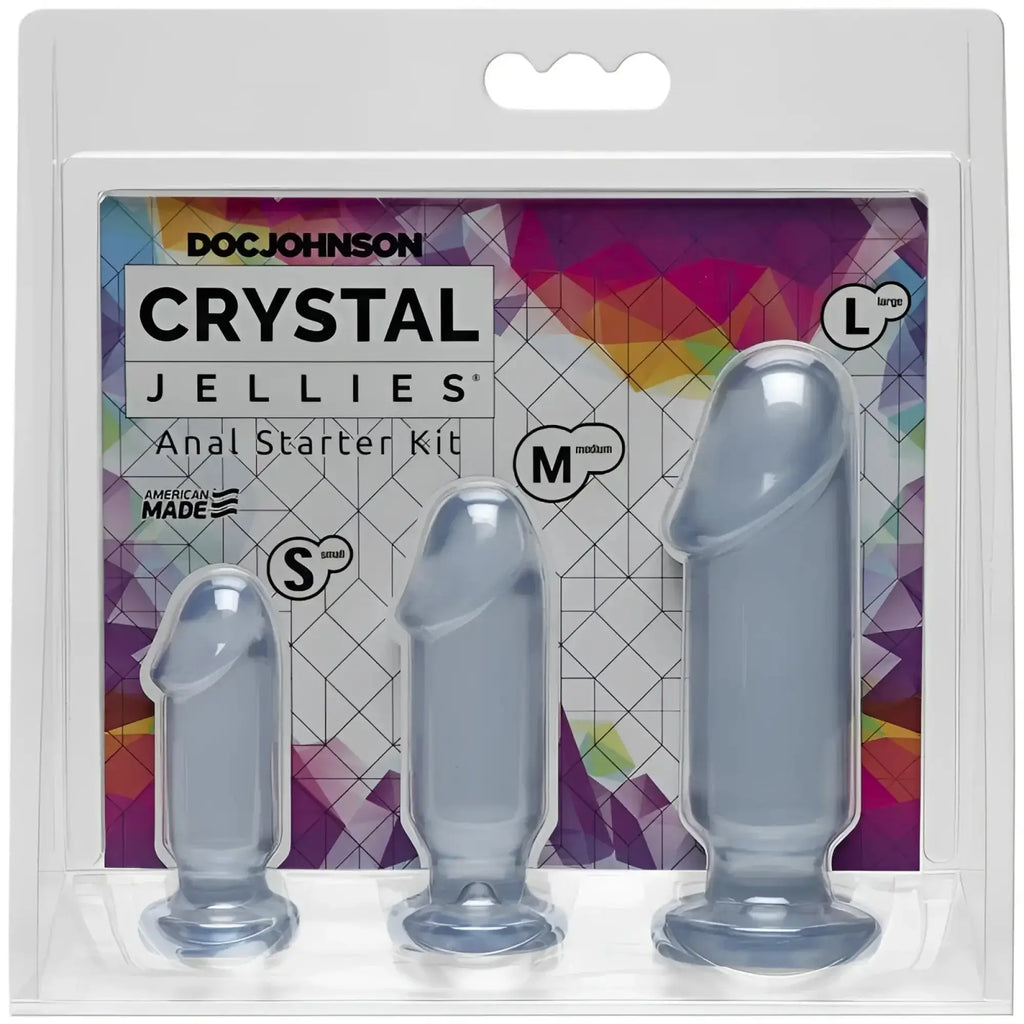Clear doc johnson crystal jellies anal starter kit in transparent gray with s m and l sizes made of jelly material