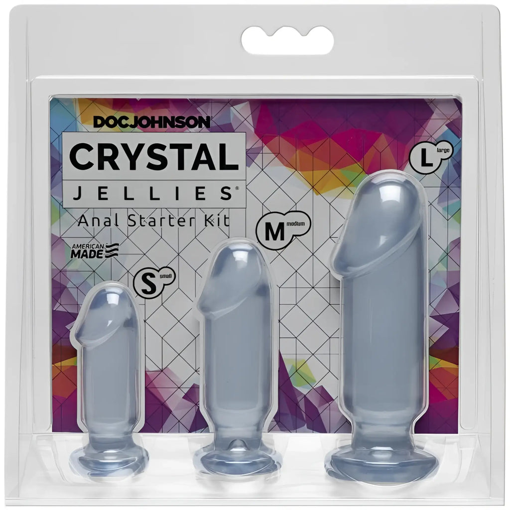 Clear doc johnson crystal jellies anal starter kit in transparent gray with s m and l sizes made of jelly material