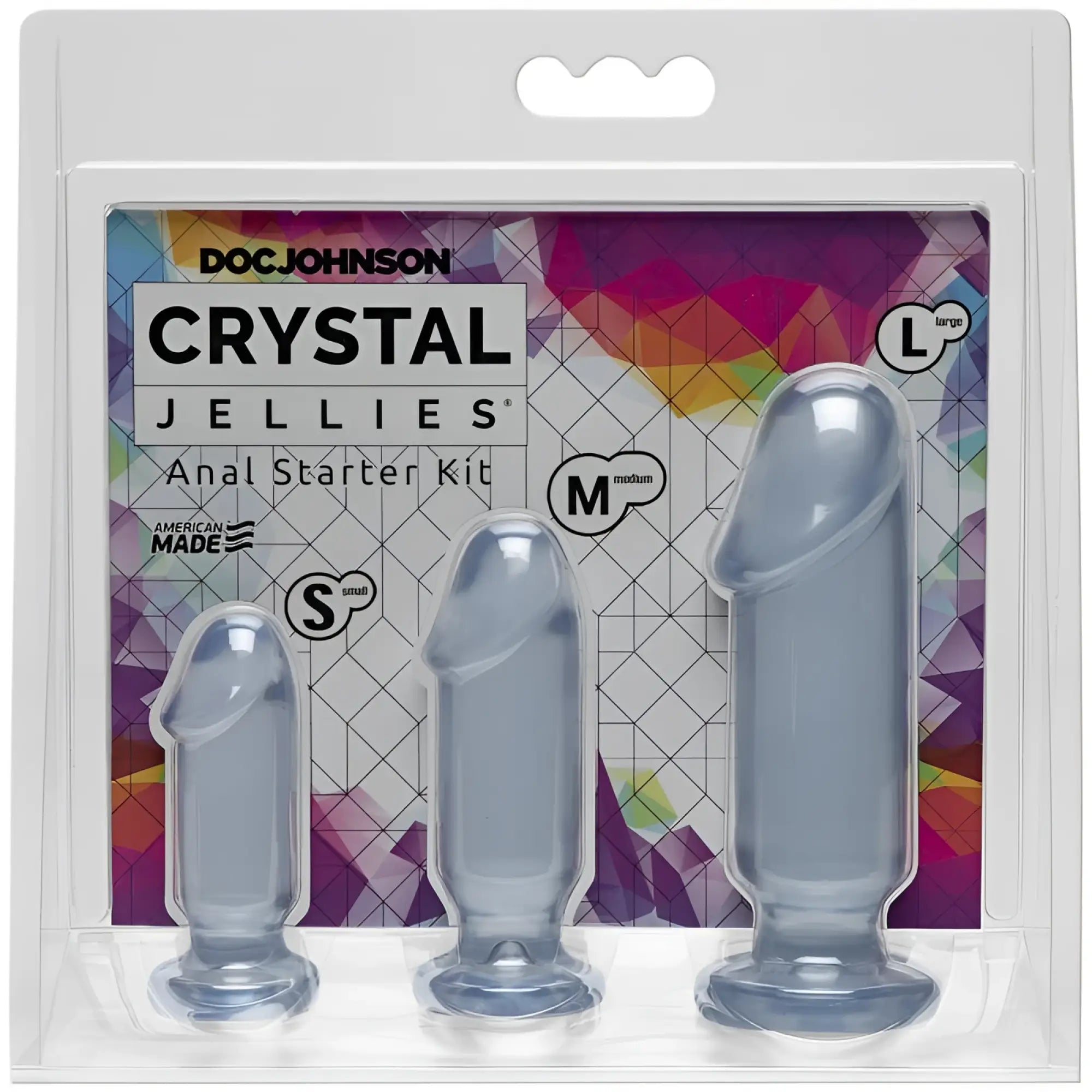 Clear doc johnson crystal jellies anal starter kit in transparent gray with s m and l sizes made of jelly material