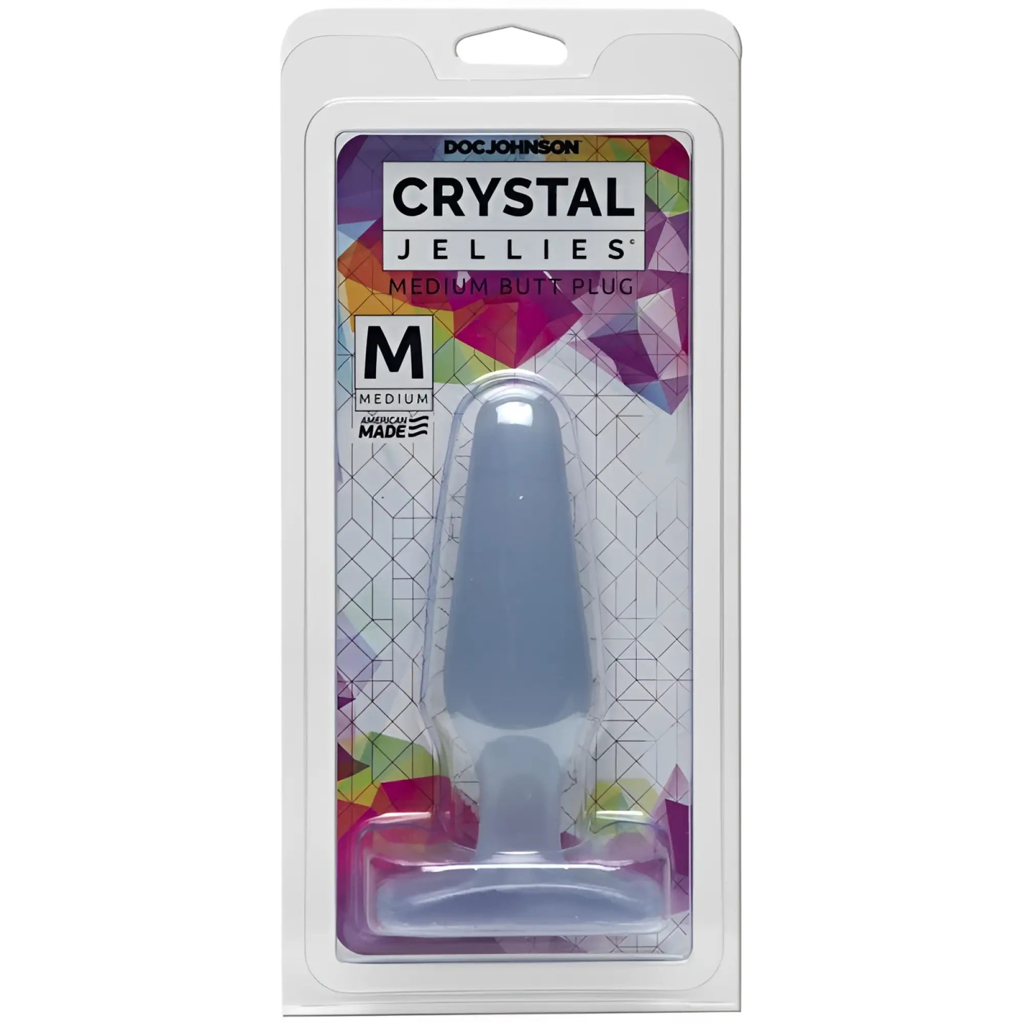 A translucent gray silicone crystal jellies medium butt plug with flared base packaged in clear plastic by doc johnson