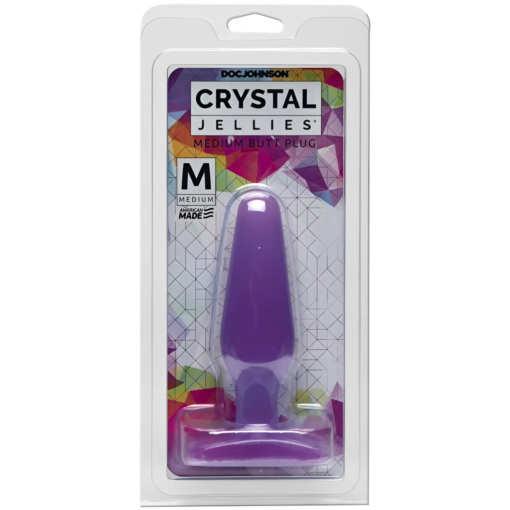 Purple crystal jellies medium butt plug by doc johnson in clear packaging with colorful geometric design