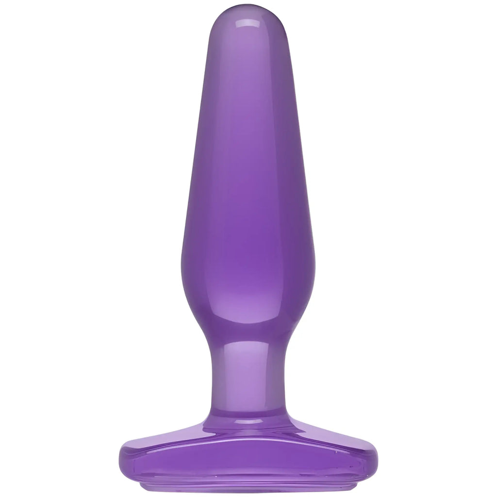 Crystal jellies medium butt plug purple made of translucent purple silicone with a smooth tapered design and flat base
