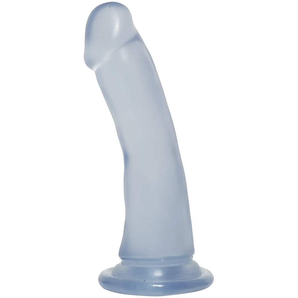 Translucent light blue silicone dildo with curved shaft and rounded head crystal jellies slim dong 6.5 in clear