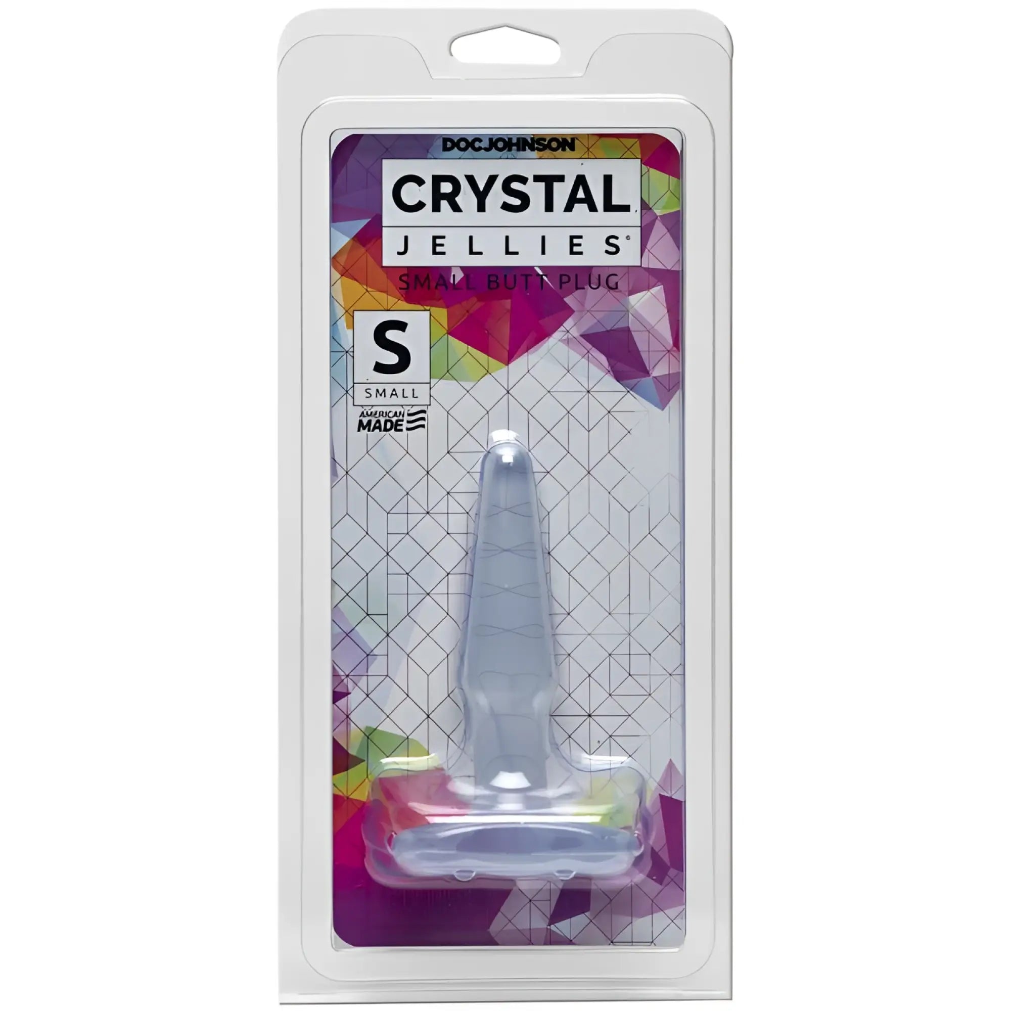 Transparent crystal-clear silicone butt plug with colorful geometric packaging branded doc johnson crystal jellies small