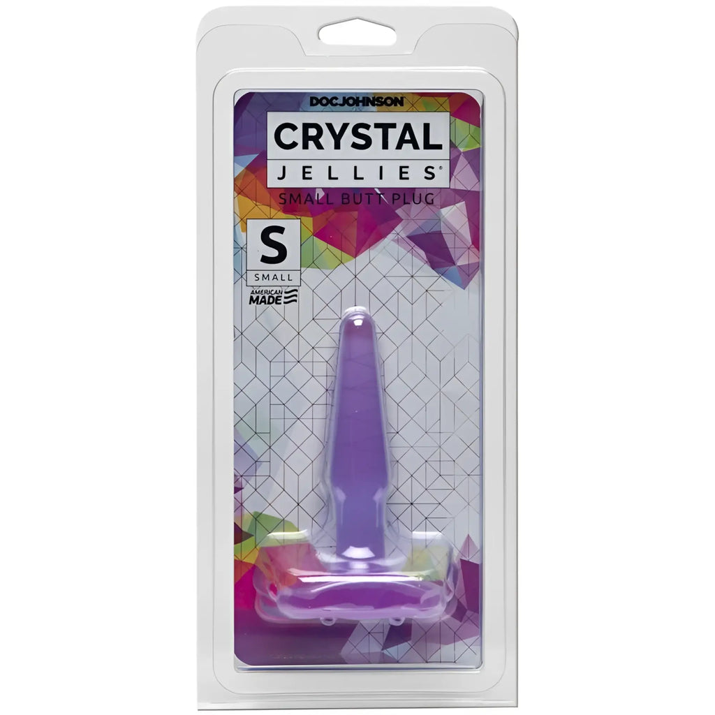 Purple translucent plastic crystal jellies small butt plug by doc johnson in clear packaging