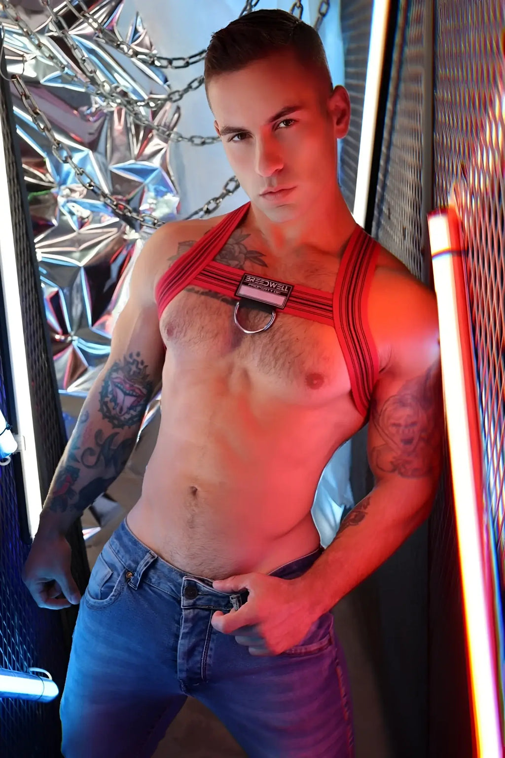 Cumdump bulldog harness red with black stripes and silver metal ring designed for durable secure fit