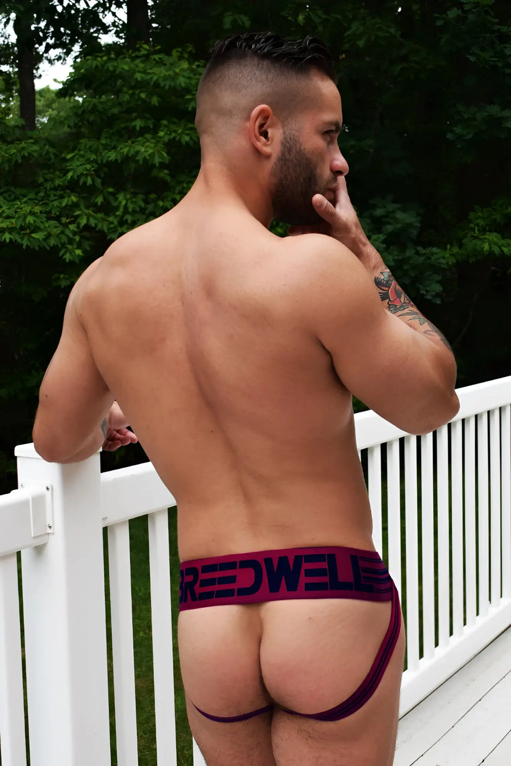 Maroon and black cumdump jock burgundy briefs with a snug fit design showcasing the front side