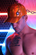 Shiny orange metallic baseball cap with a black and white logo on the front from the cyber holo hat series