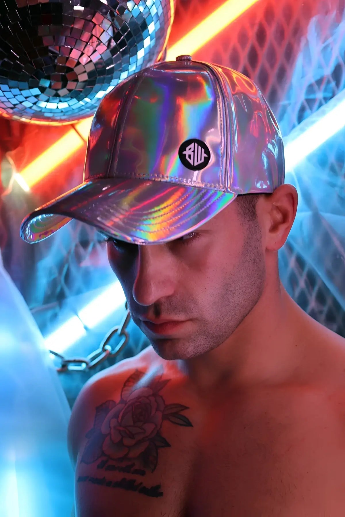 Holographic silver baseball cap with black circular logo front in cyber holo hat silver design