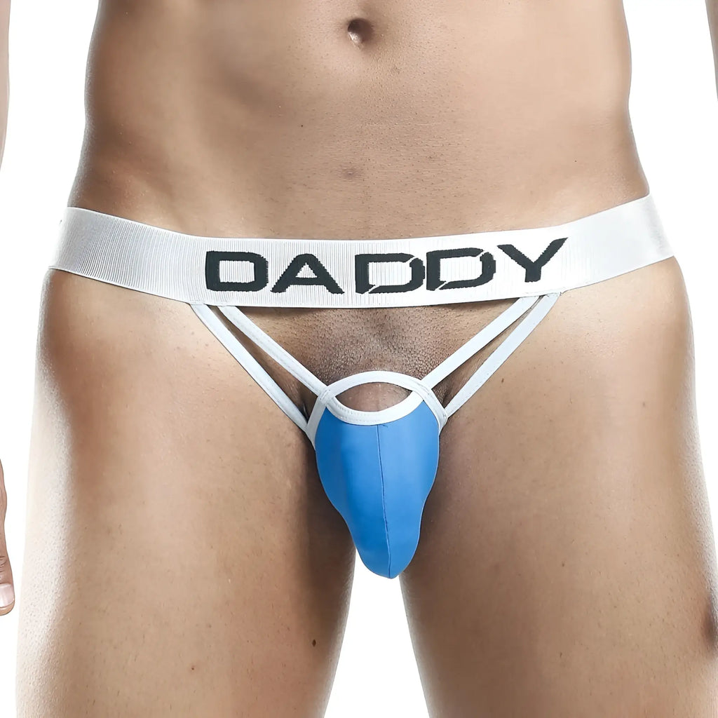 Blue and white daddy brand daddy dde007 jockstrap thong with supportive contoured design front view