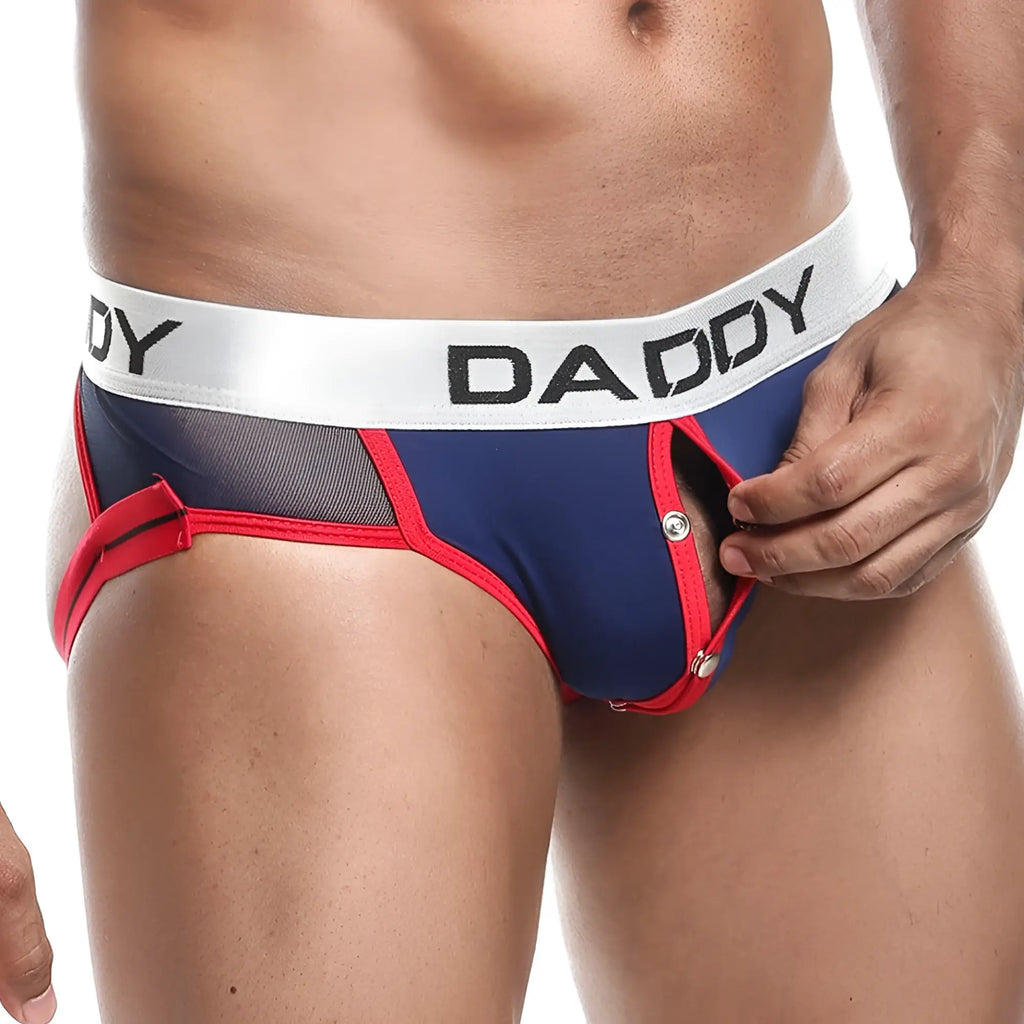 Daddy DDE027 jockstrap brief in blue and red with a white waistband featuring black daddy branding