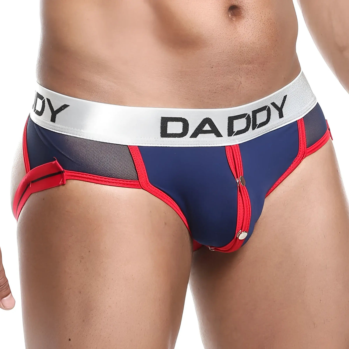 Navy blue and red daddy dde027 jockstrap briefs with mesh panels and a silver waistband for support and comfort