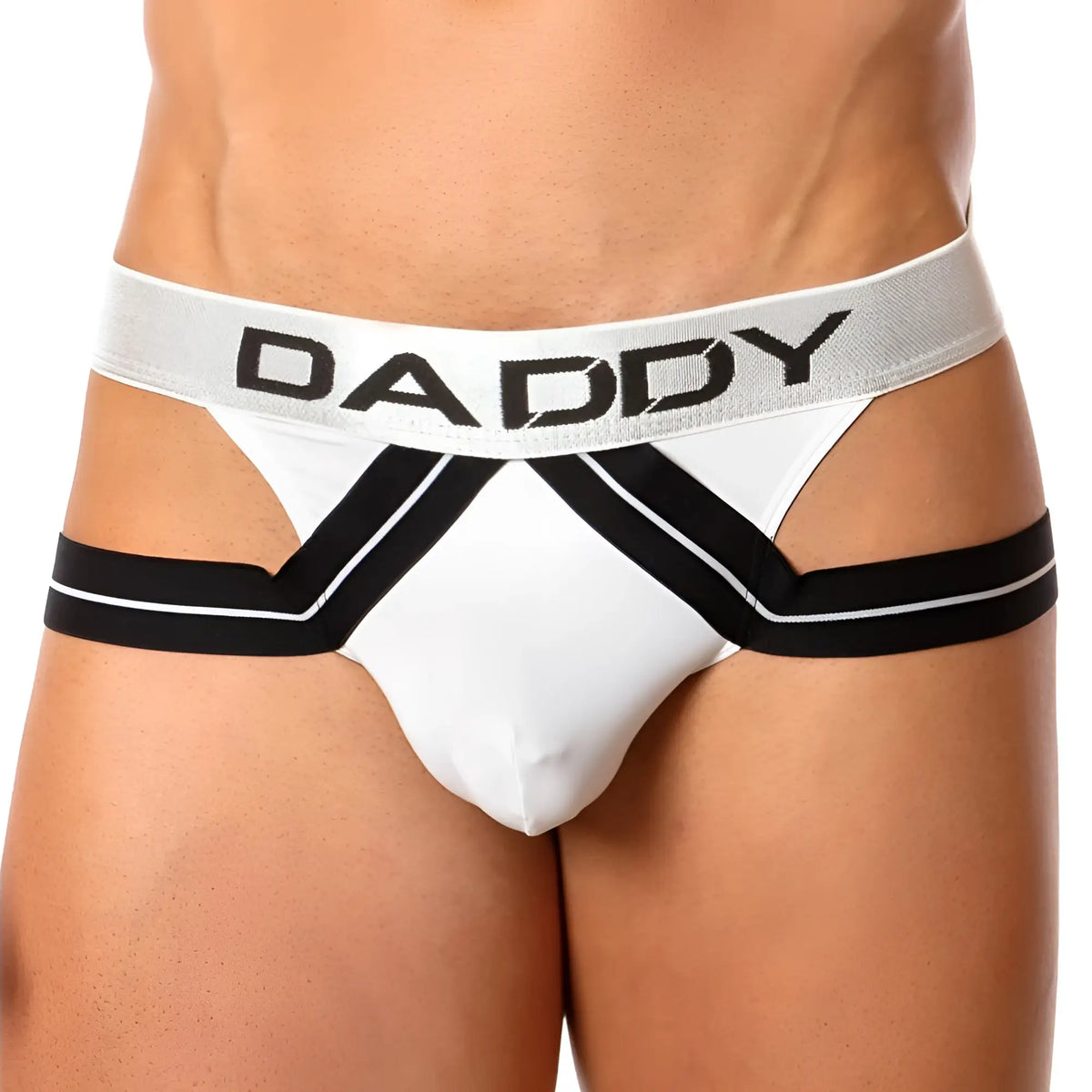 White daddy brand jockstrap with black diagonal stripes and silver waistband featuring daddy logo