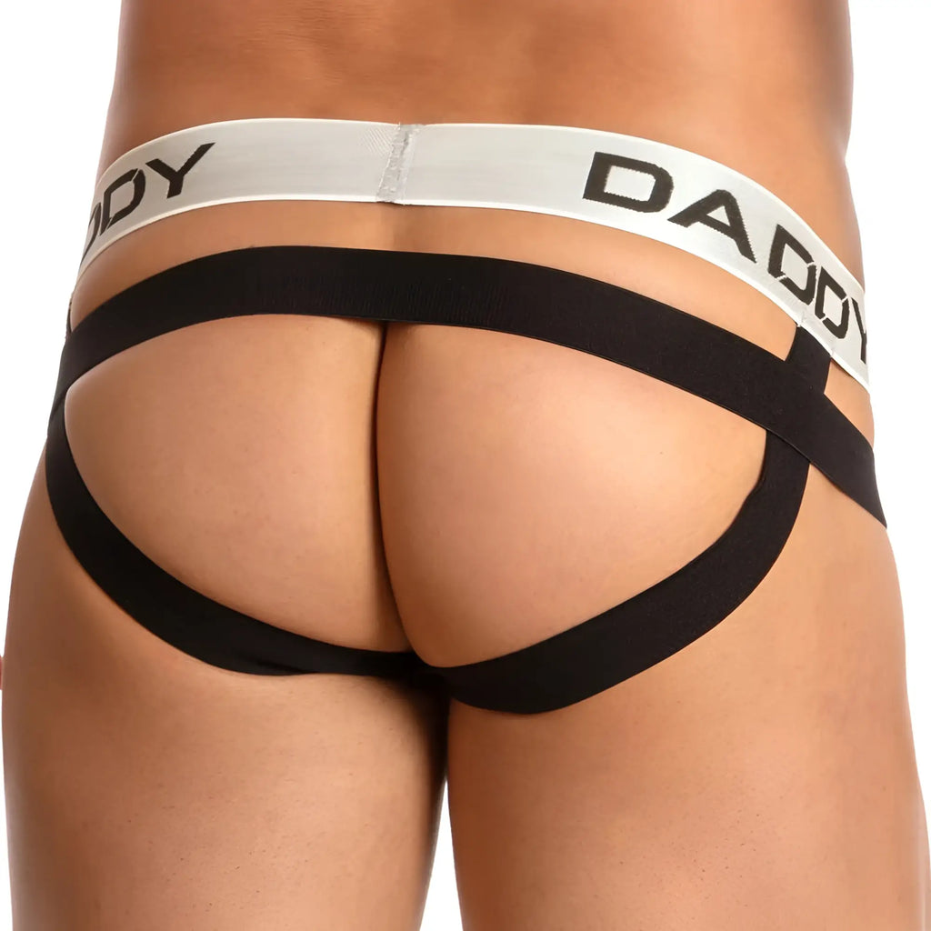 Black and white daddy brand jockstrap with wide elastic waistband featuring bold black lettering, front view