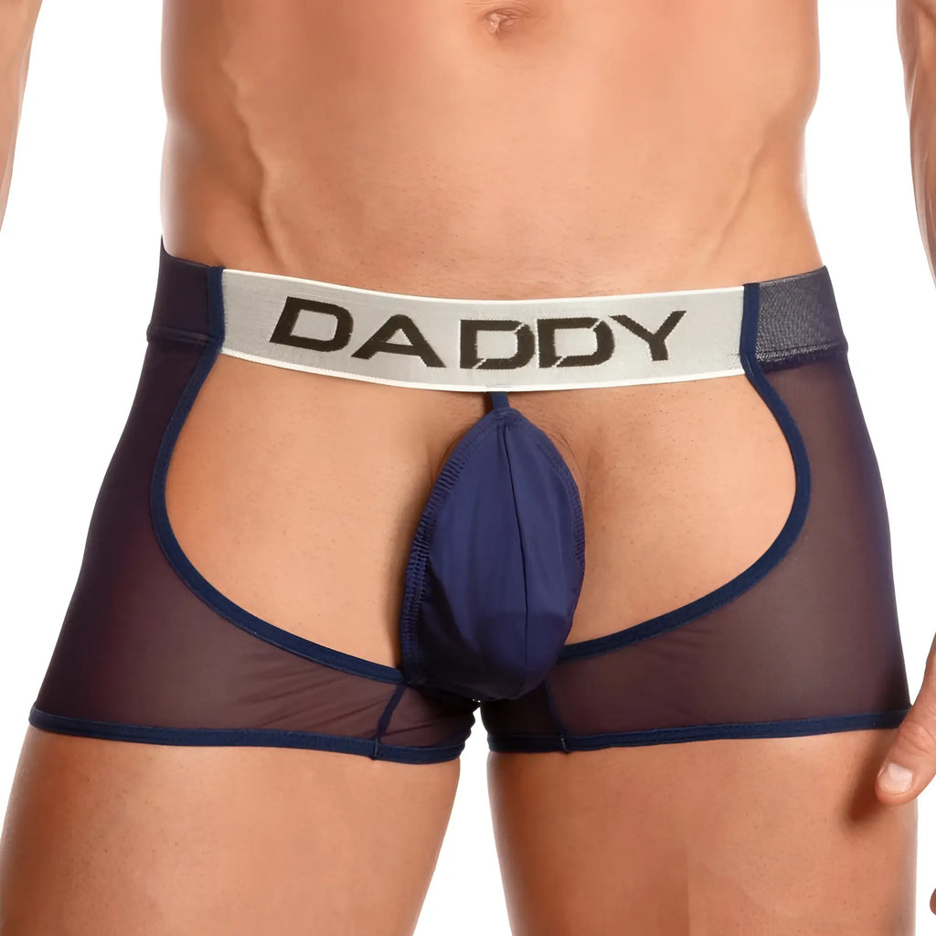 Navy blue mesh daddy dde036 jockstrap briefs with solid navy pouch and white waistband with black daddy lettering