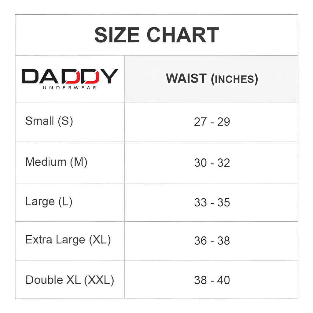 Daddy dde036 jockstrap underwear size chart showing waist measurements for small to double xl sizes