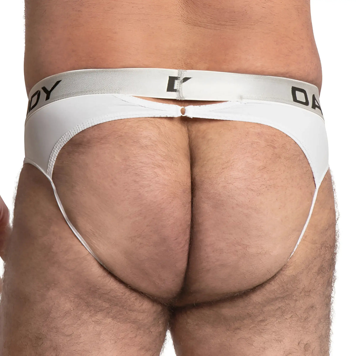 White athletic briefs Daddy DDE041 jockstrap with gray waistband and black lettering front view