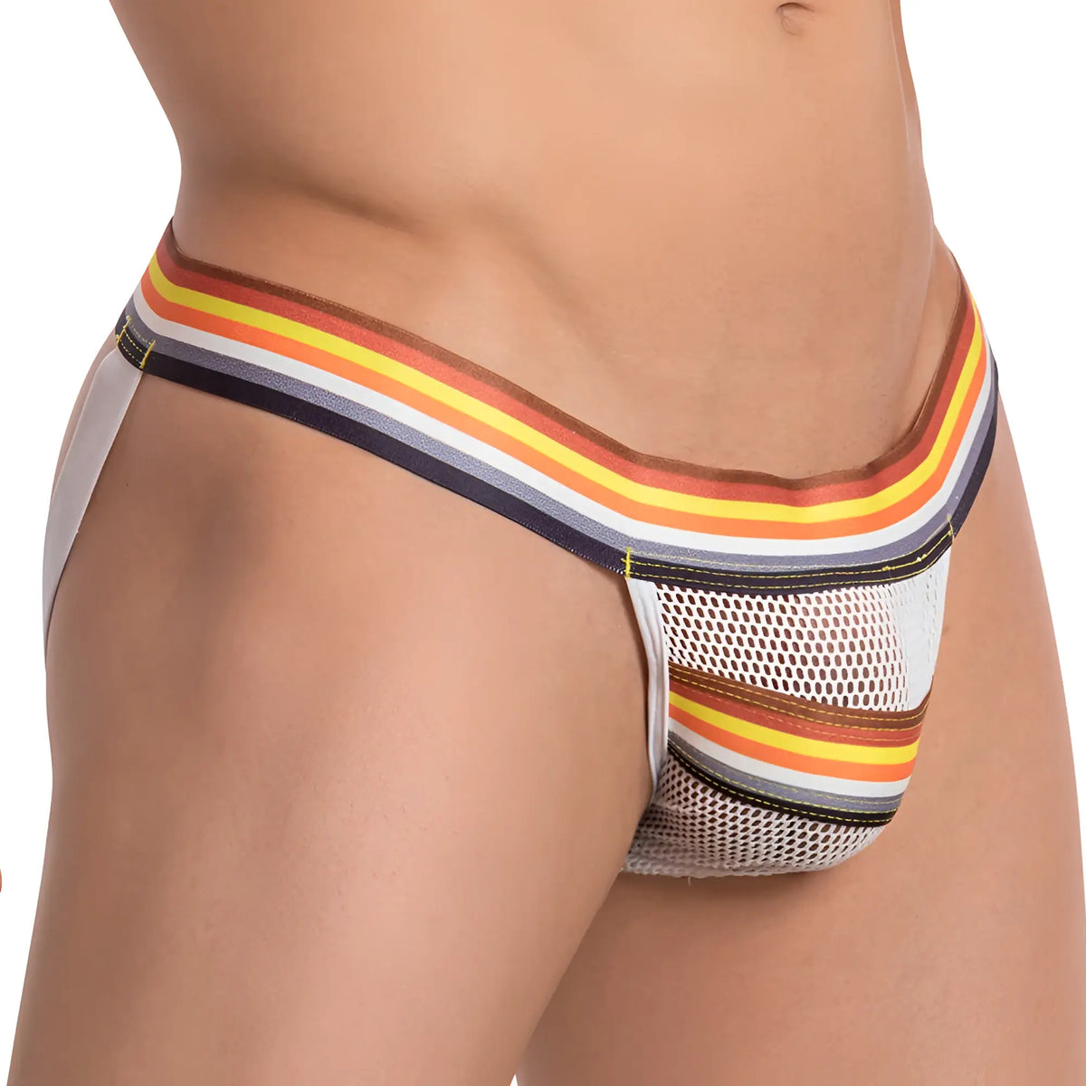 Daddy DDE042 jockstrap white mesh briefs with colorful striped elastic waistband and leg bands in orange yellow gray and navy