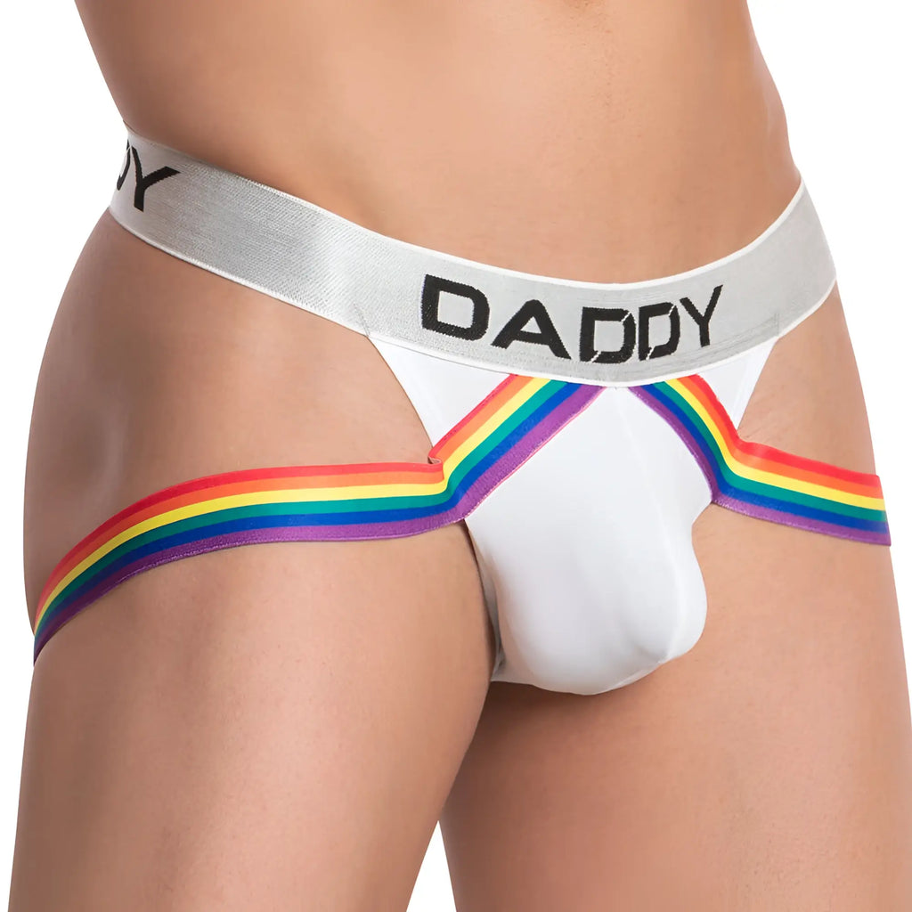 White daddy brand briefs with rainbow trim and silver waistband in daddy dde045 jockstrap design