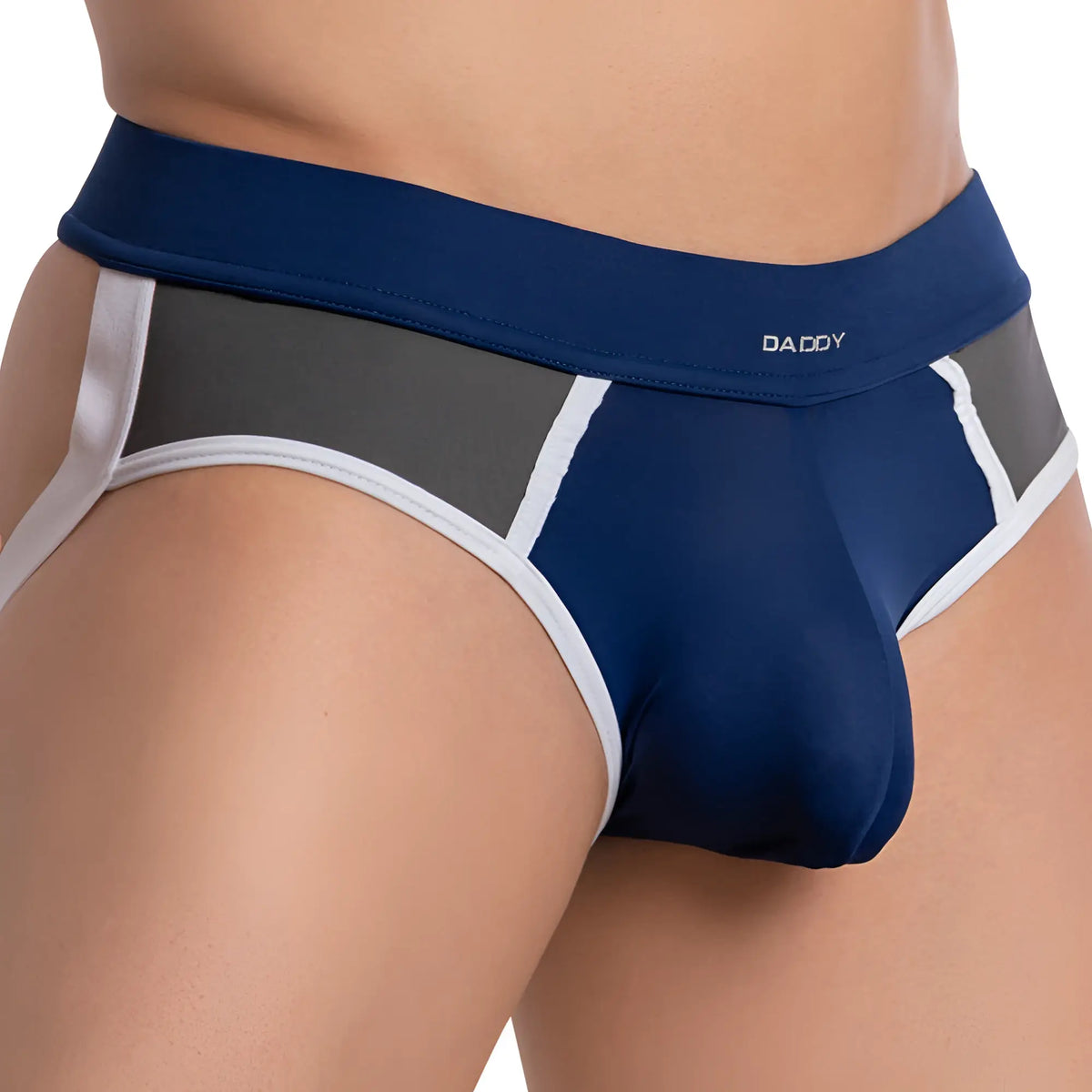 Navy blue and gray daddy brand briefs with white trim designed for support in the daddy dde053 jockstrap style