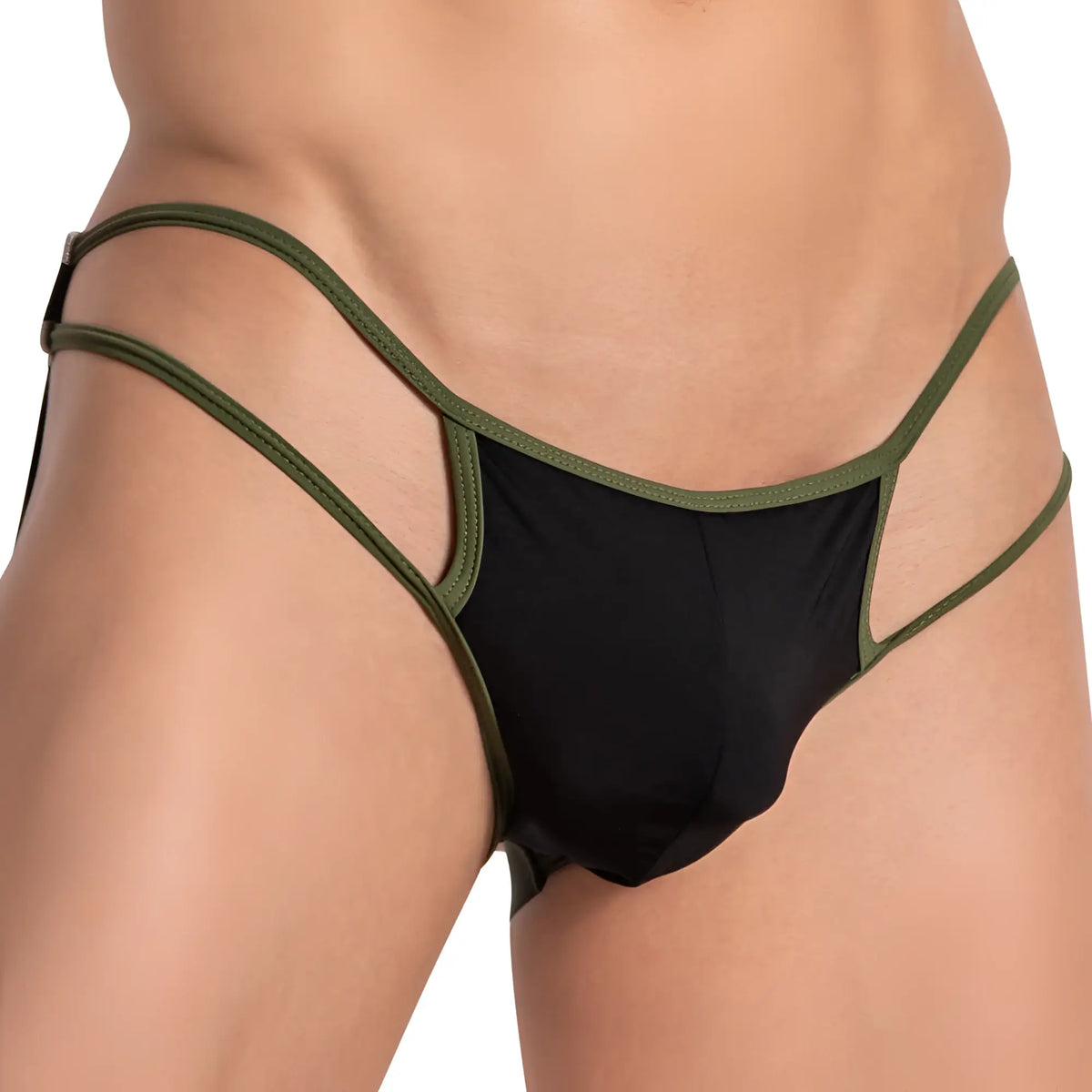 Black and olive green Daddy DDE056 jockstrap thong with strappy minimalist design showing the back side
