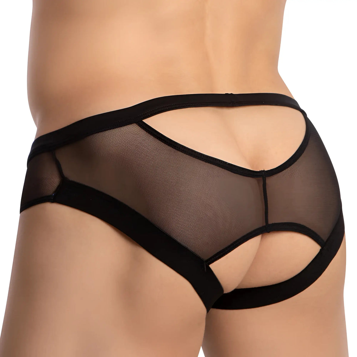 Black mesh daddy dde060 jockstrap briefs with cut-out design and solid black elastic trim visible from the back