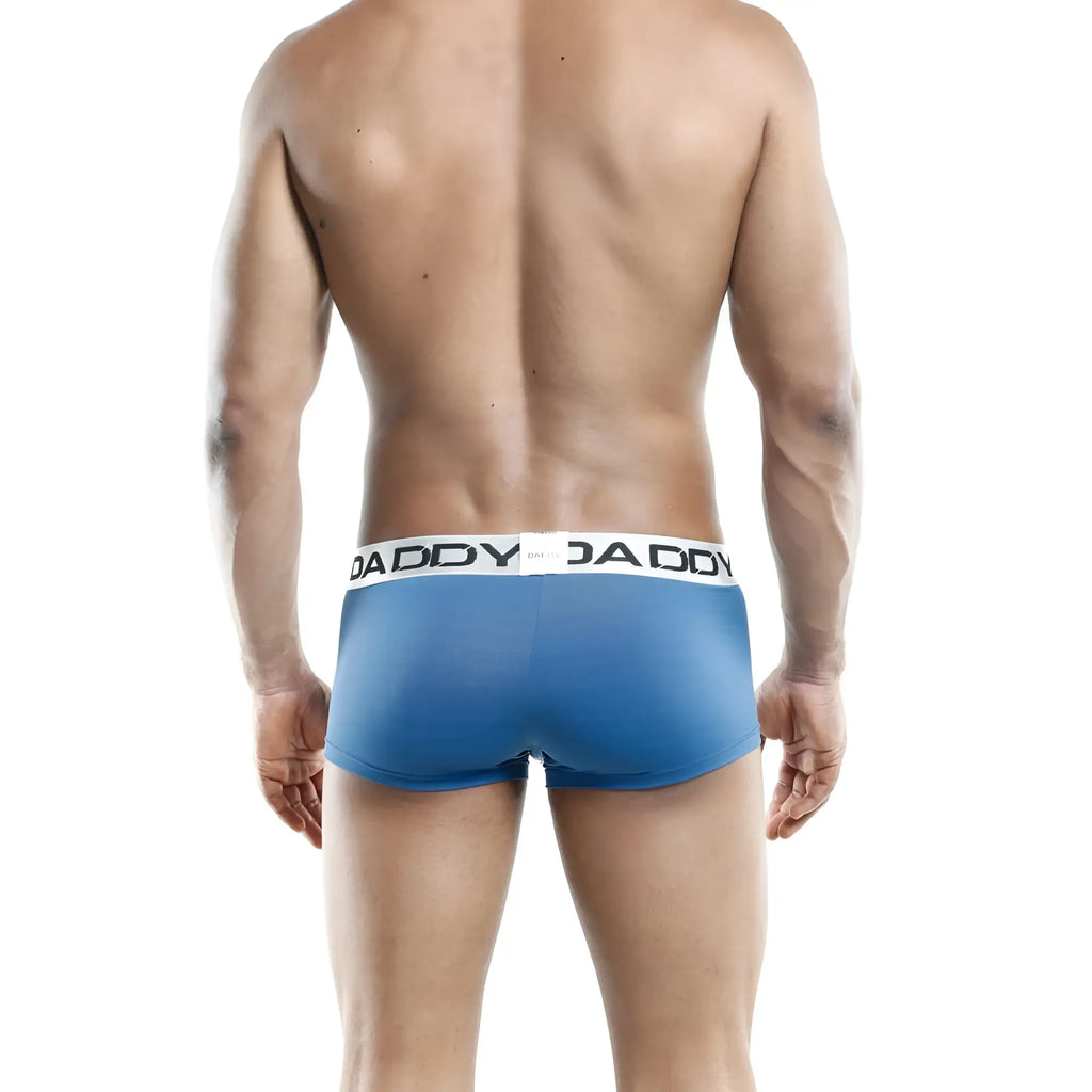 Blue daddy brand daddy DDG001 boxer trunk briefs in blue with a white waistband and black lettering on the front